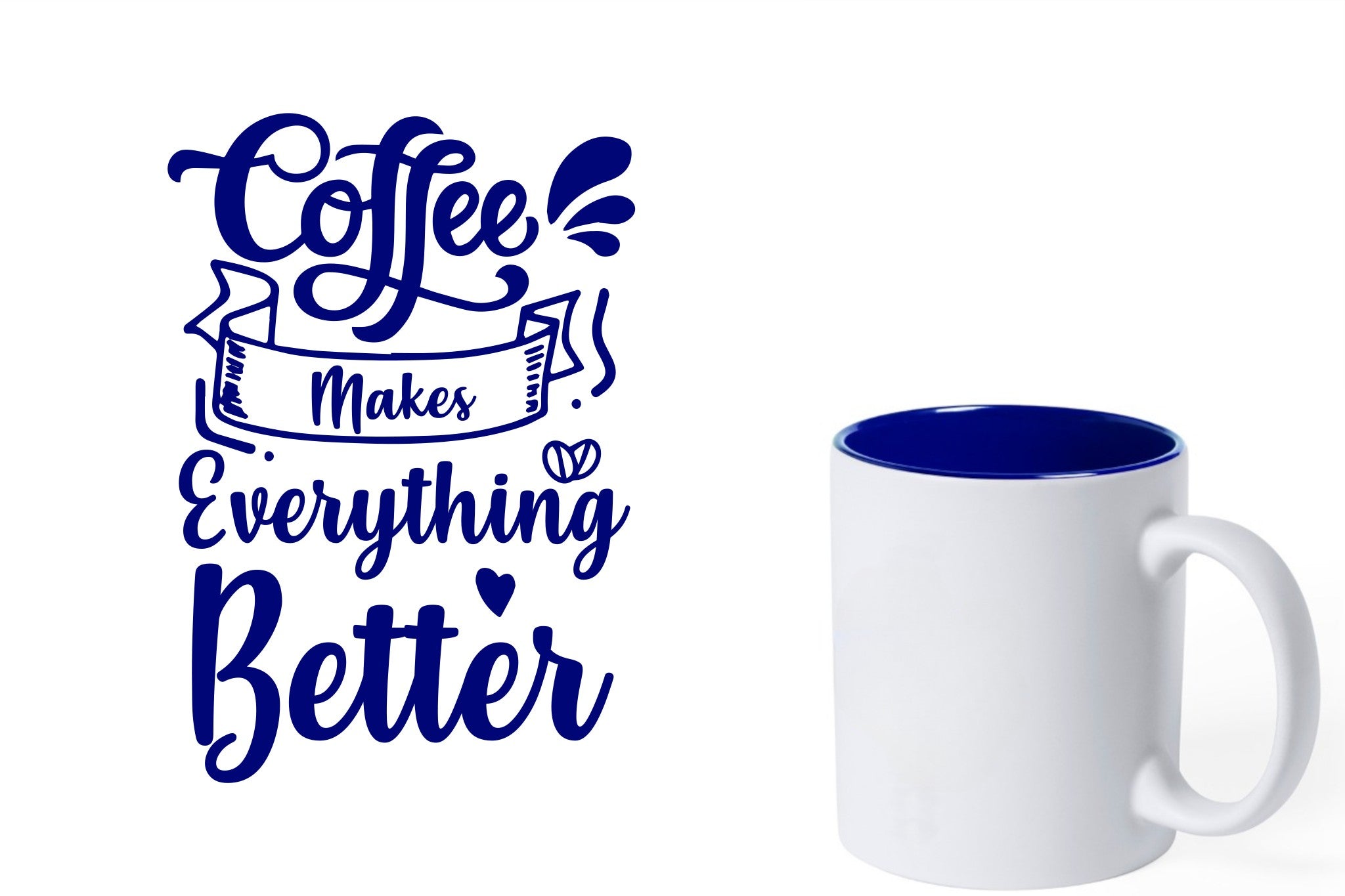 witte keramische mok met blauwe gravure  'Coffee makes everything better'.