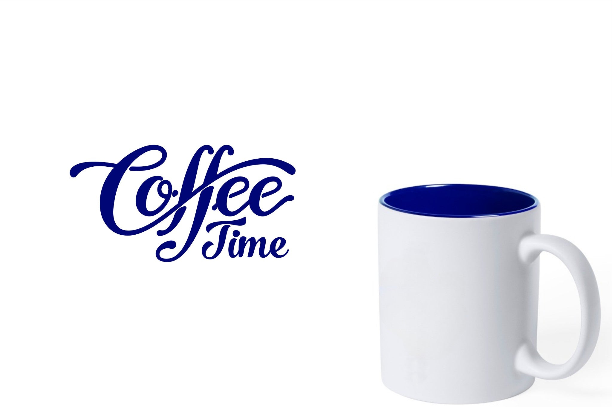 witte keramische mok met blauwe gravure  'Coffee time'.