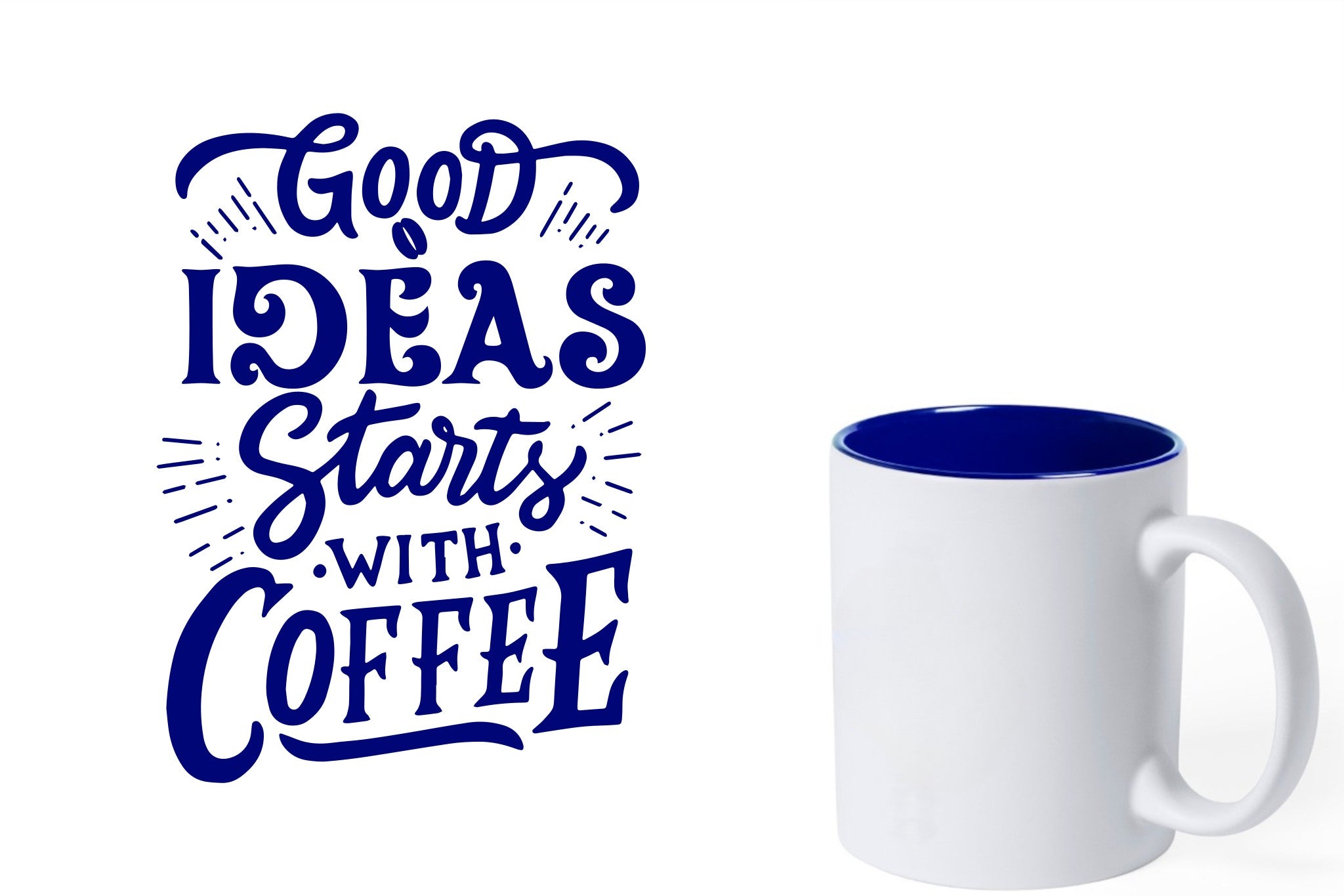 witte keramische mok met blauwe gravure  'Good ideas starts with coffee'.