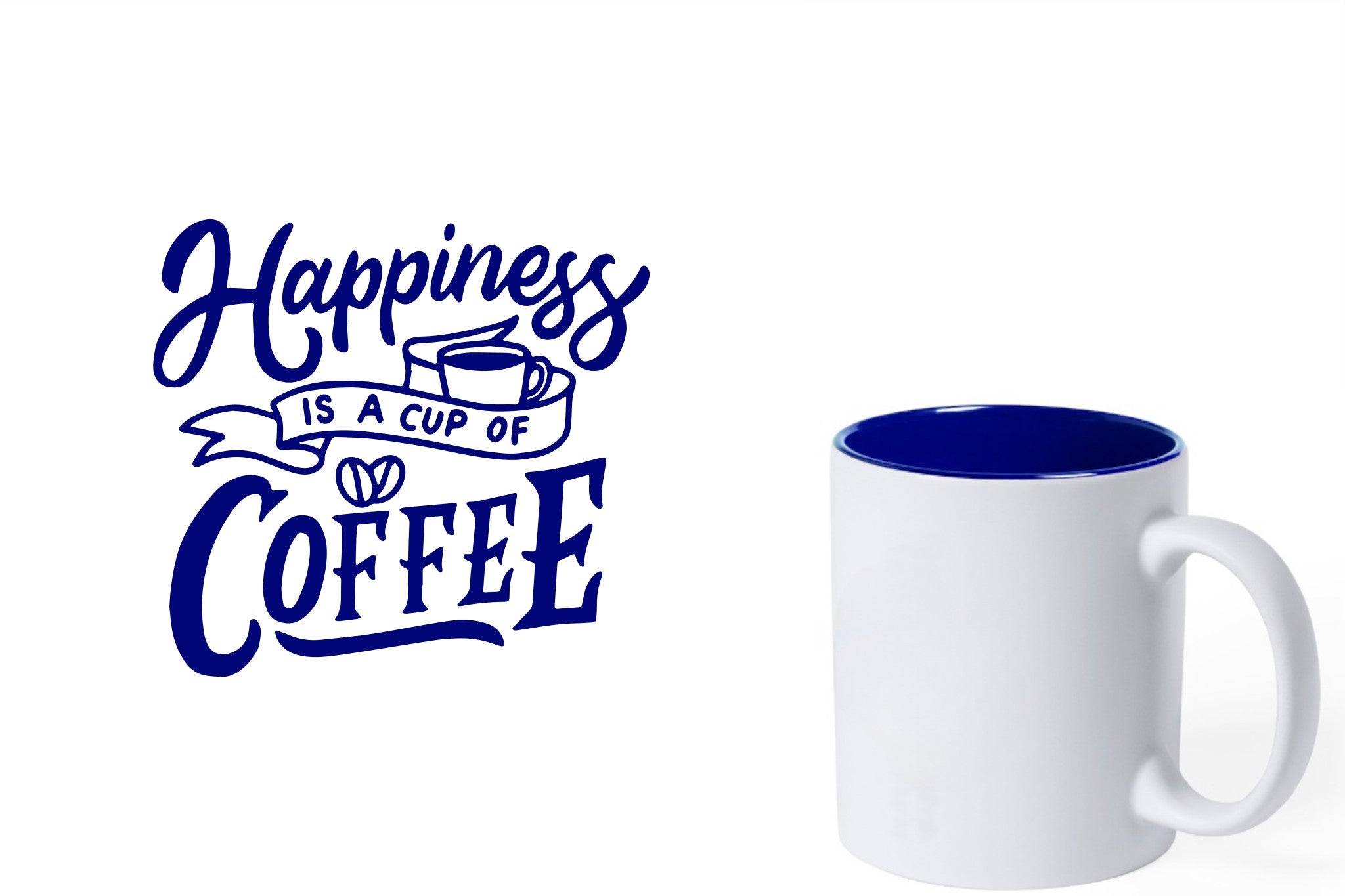 witte keramische mok met blauwe gravure  'Happiness is a cup of coffee'.