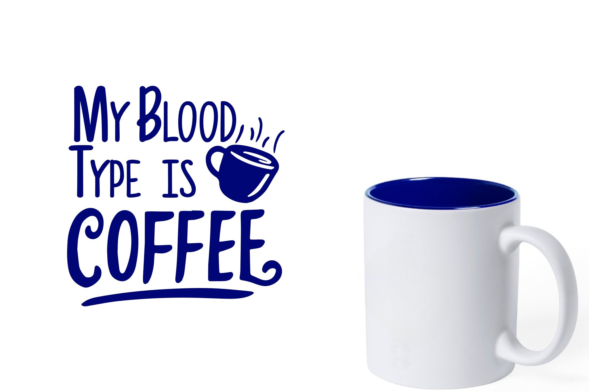 witte keramische mok met blauwe gravure  'My blood type is coffee'.