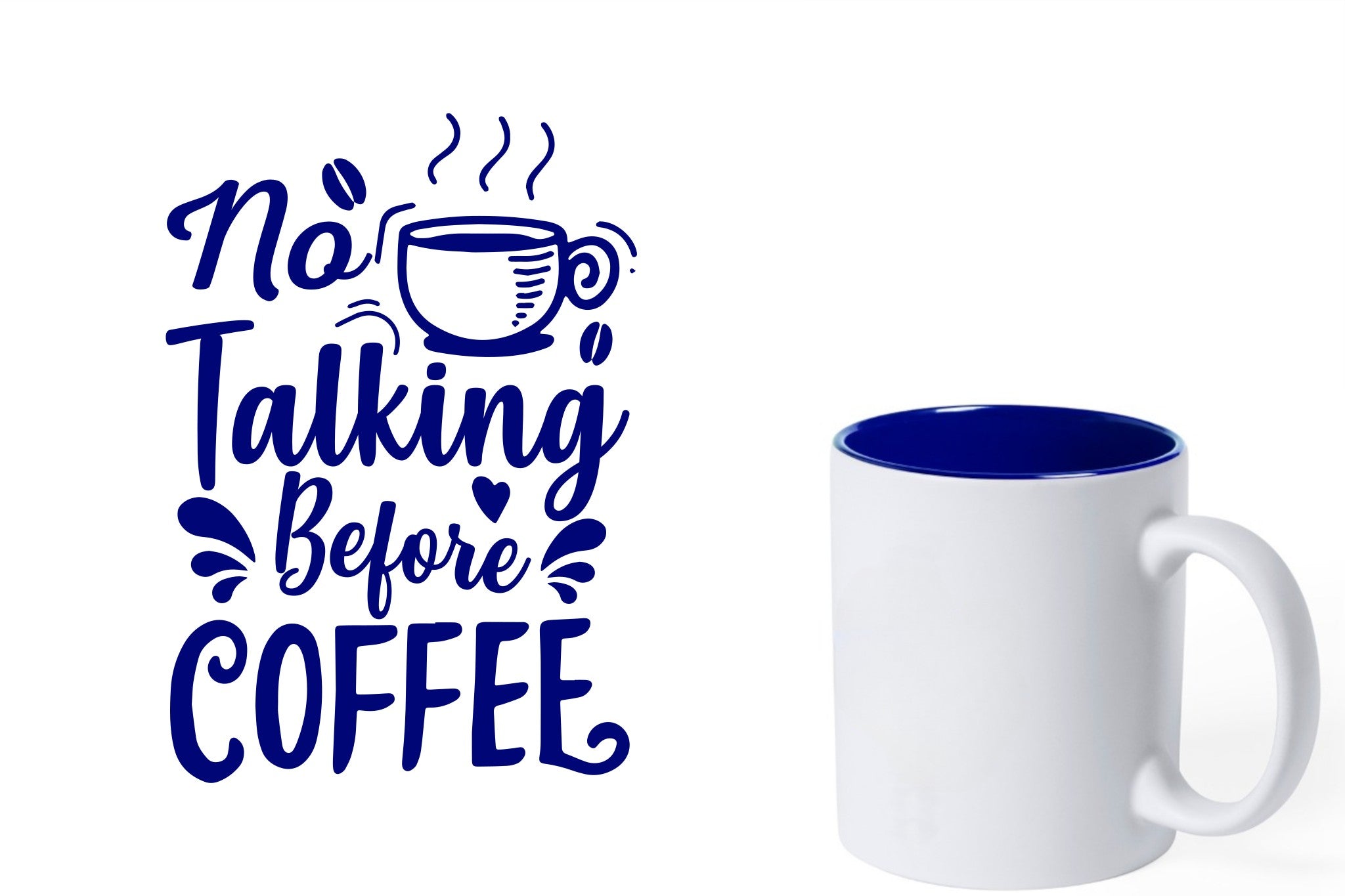 witte keramische mok met blauwe gravure  'No talking before coffee'.