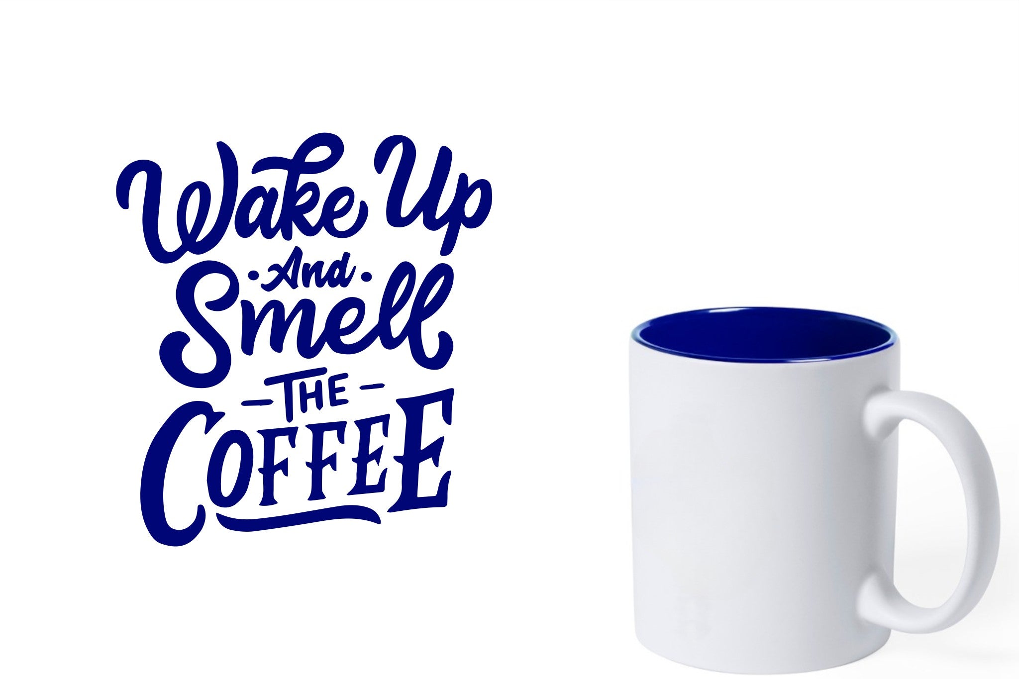 witte keramische mok met blauwe gravure  'Wake up and smell the coffee'.