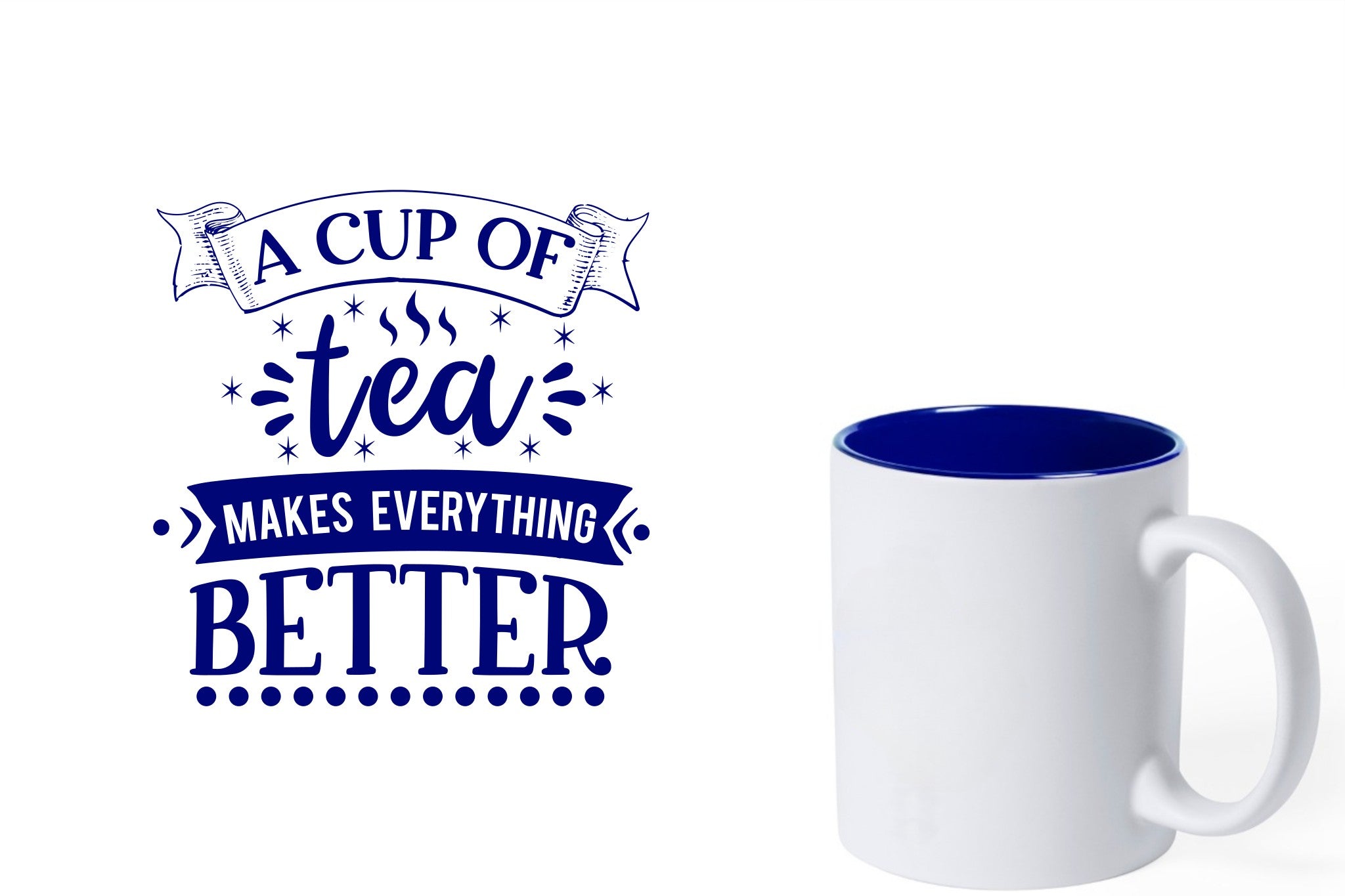 witte keramische mok met blauwe gravure  'A cup of tea makes everything better'.
