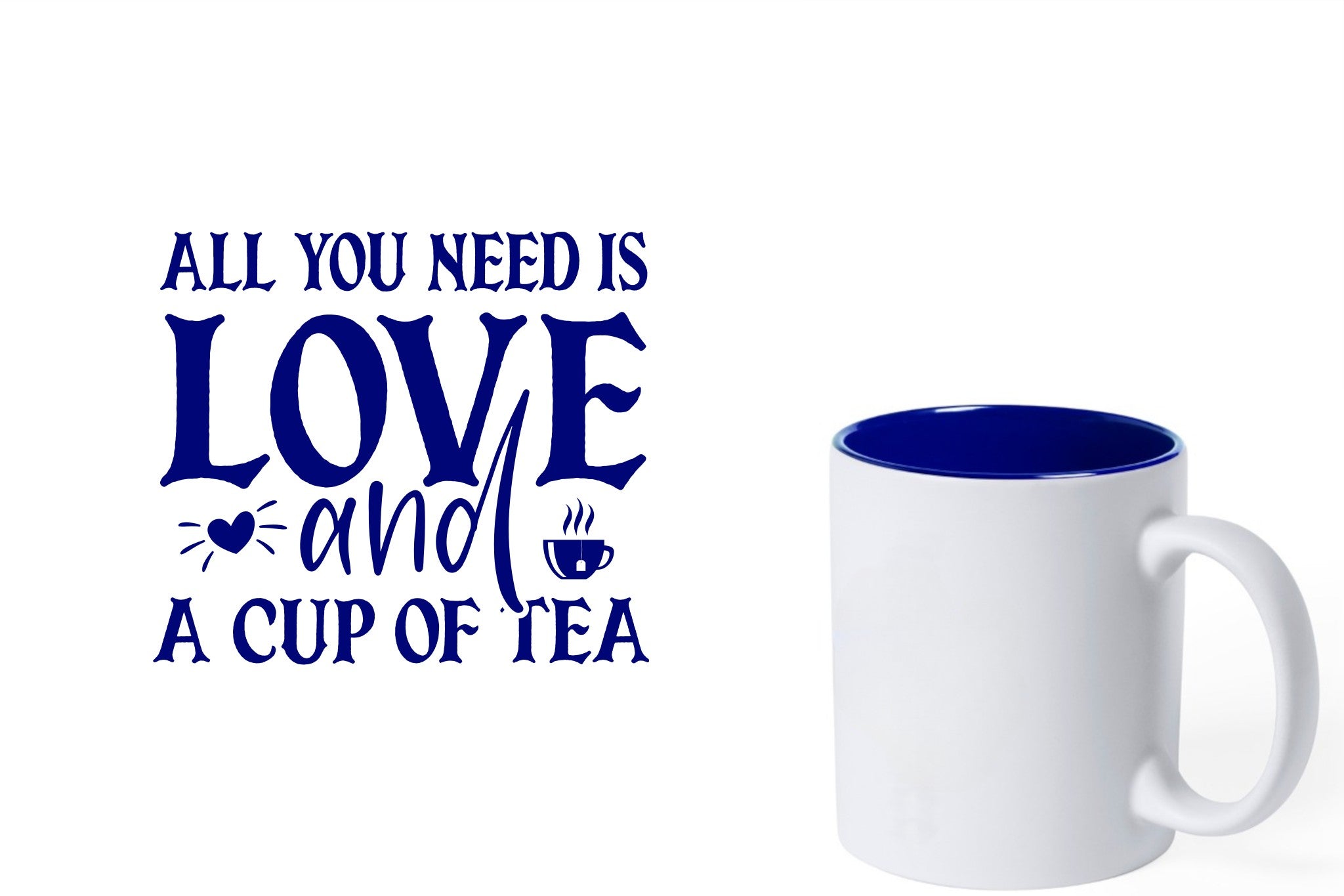 witte keramische mok met blauwe gravure  'All you need is love and a cup of tea'.