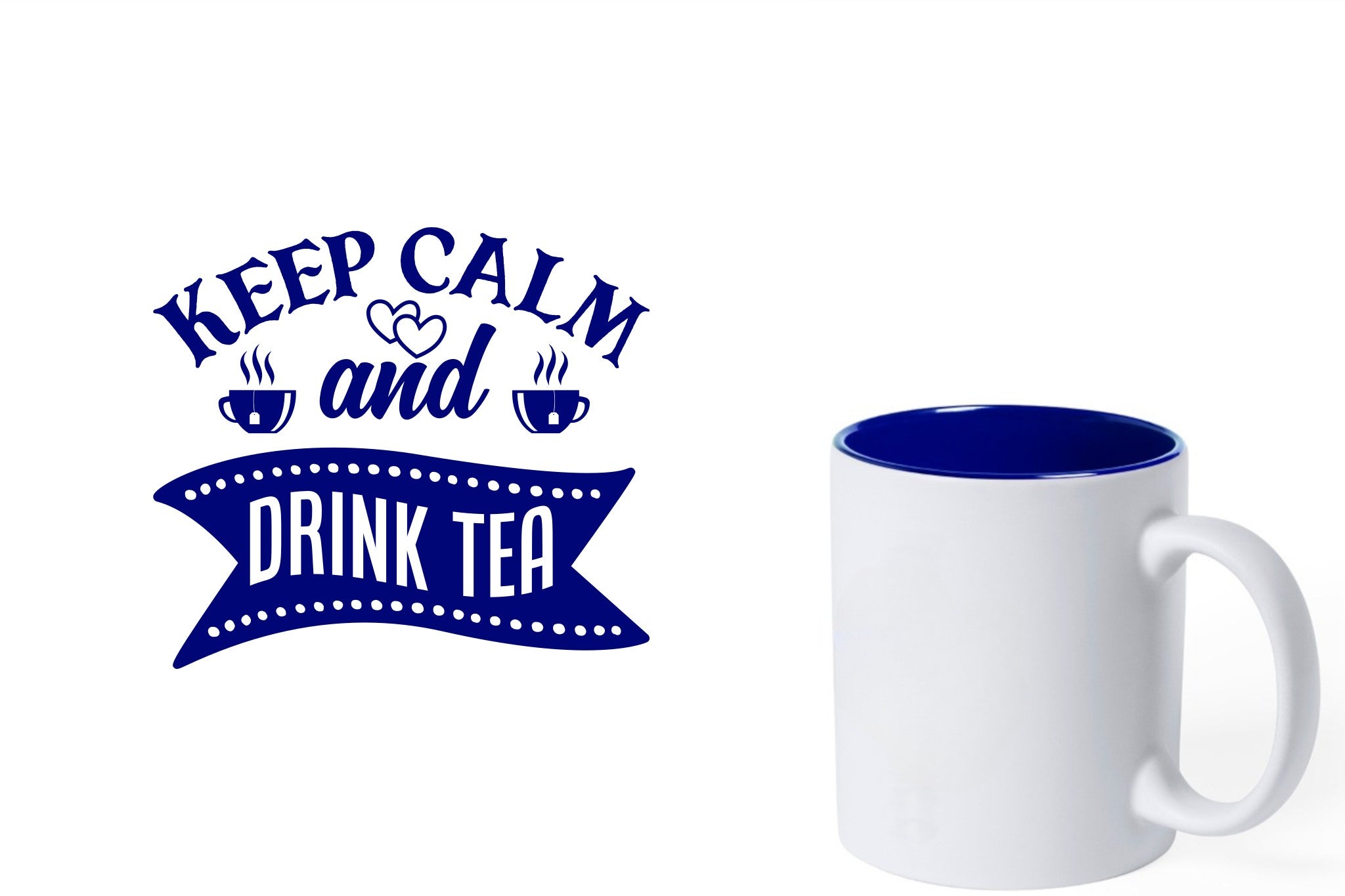 witte keramische mok met blauwe gravure  'Keep calm and drink tea'.