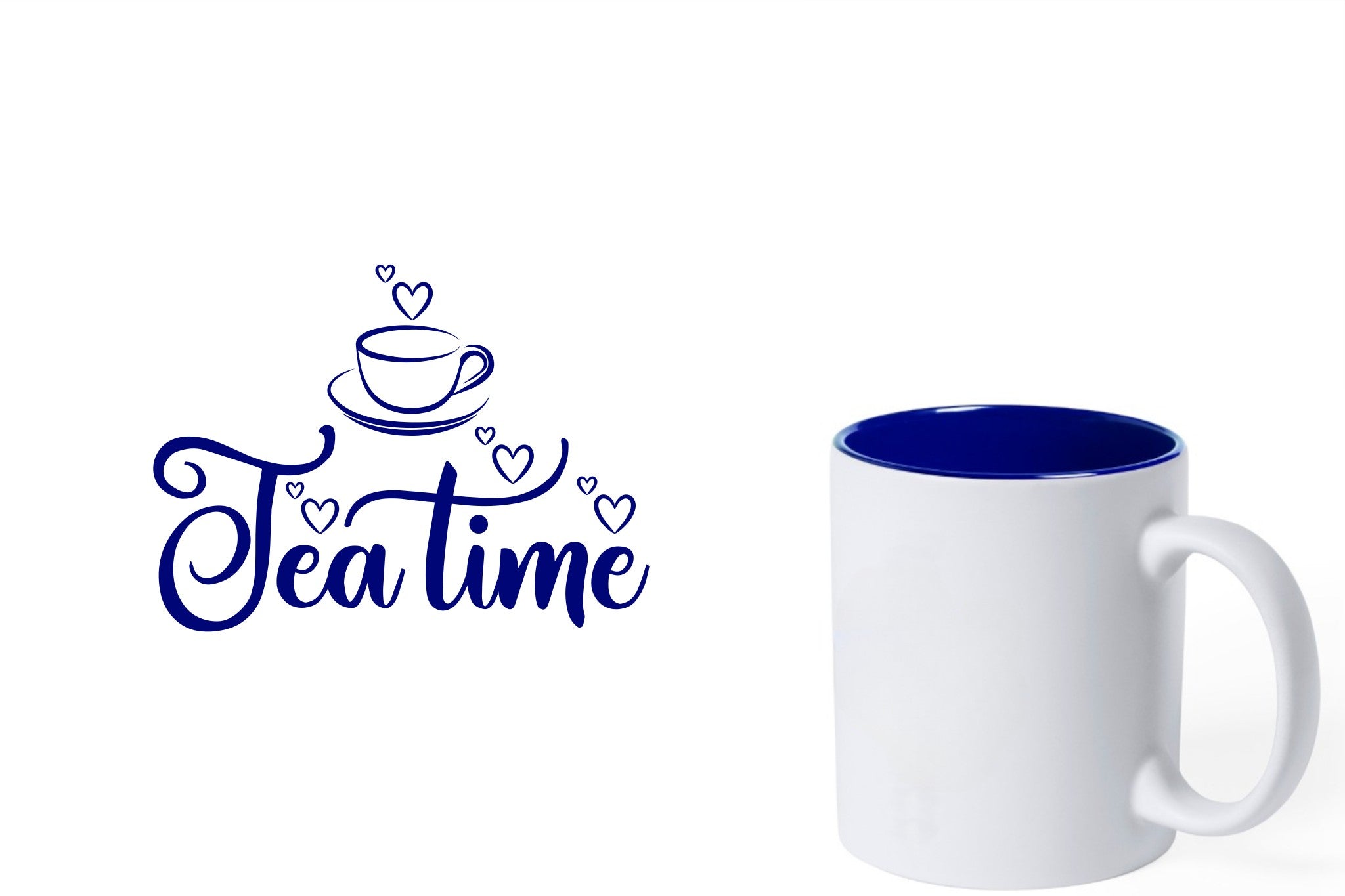 witte keramische mok met blauwe gravure  'tea time'.