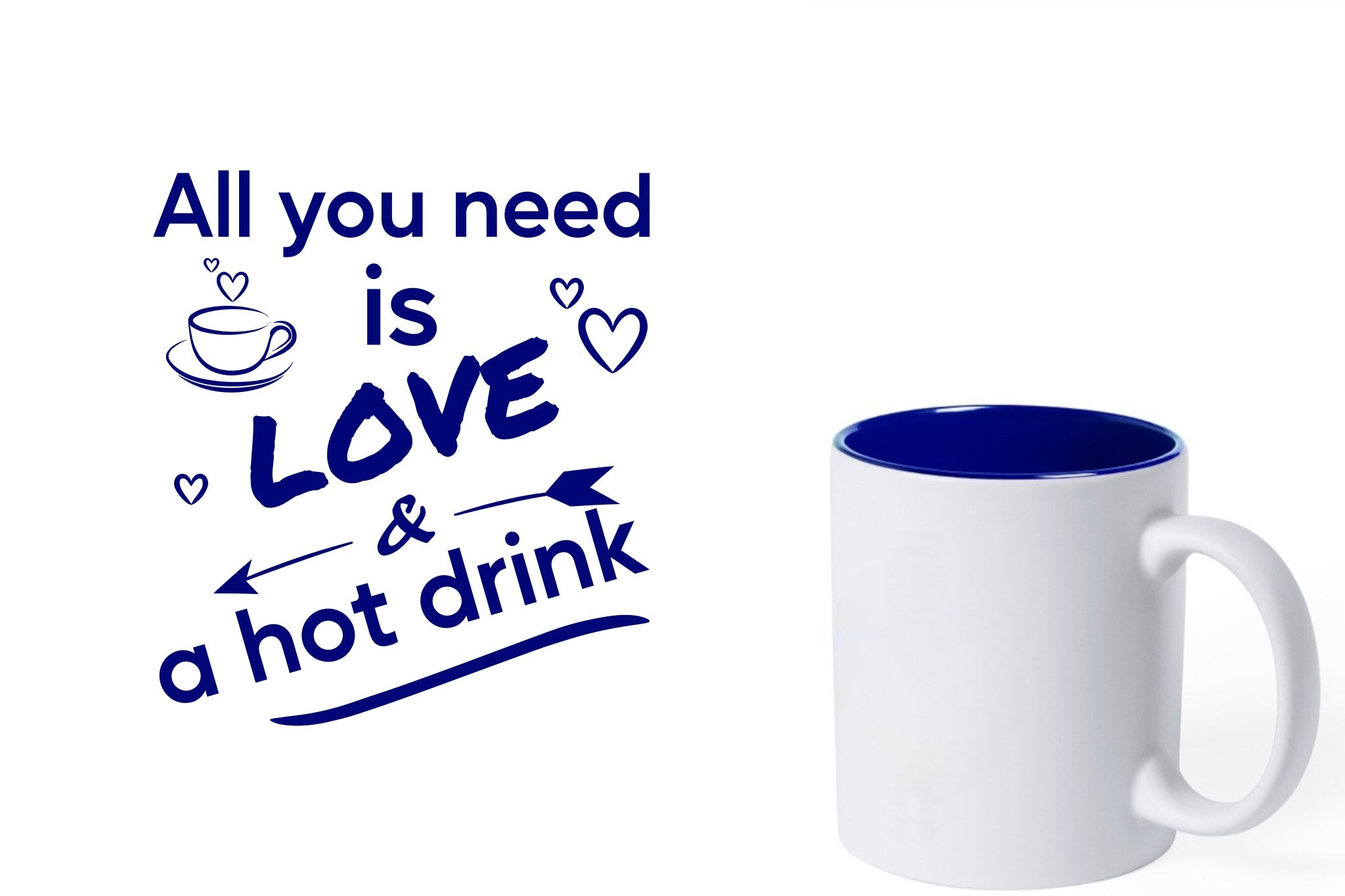 witte keramische mok met blauwe gravure  'All you need is love & a hot drink'.