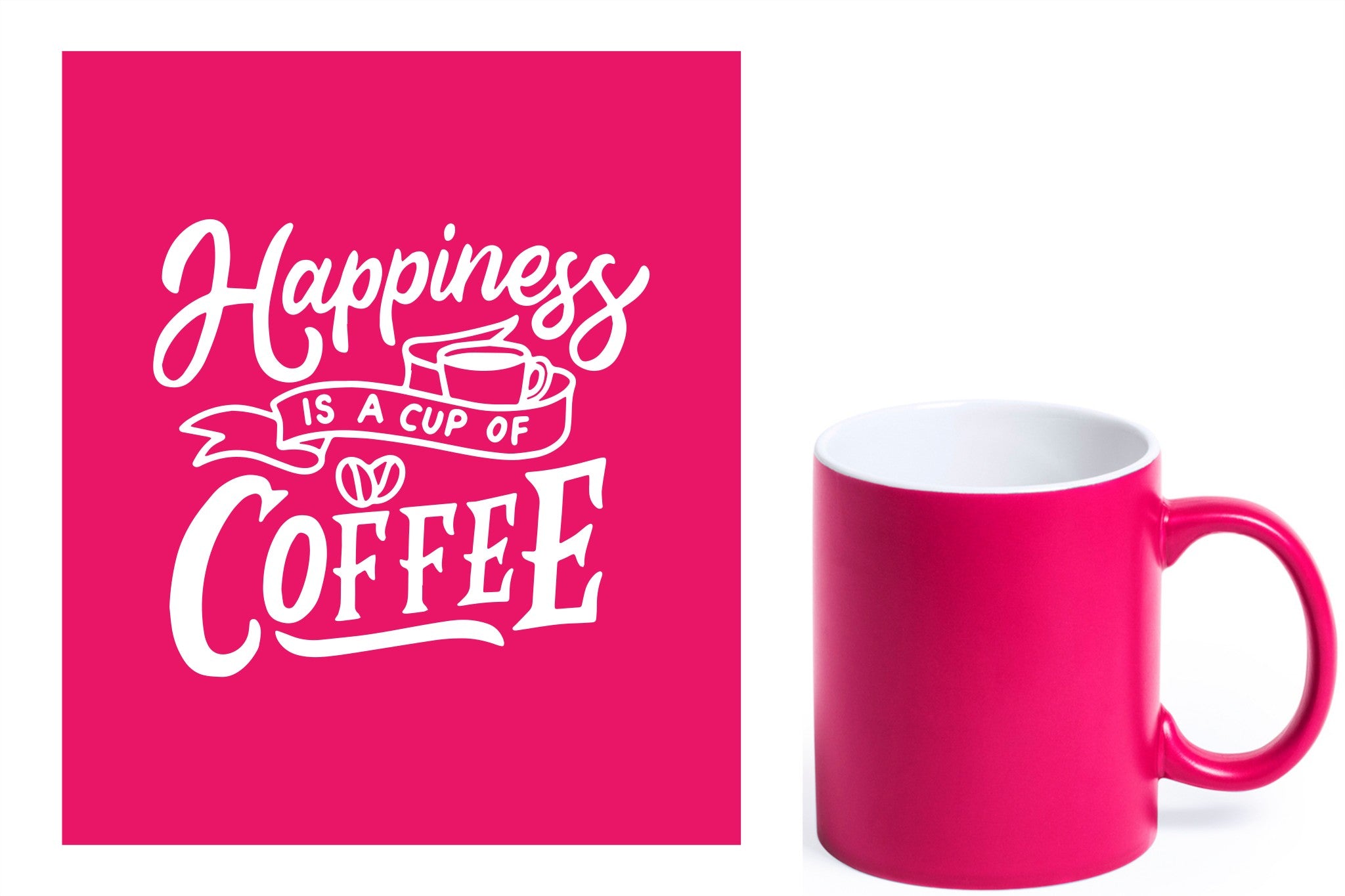 fuchsia keramische mok met witte gravure  'Happiness is a cup of coffee'.