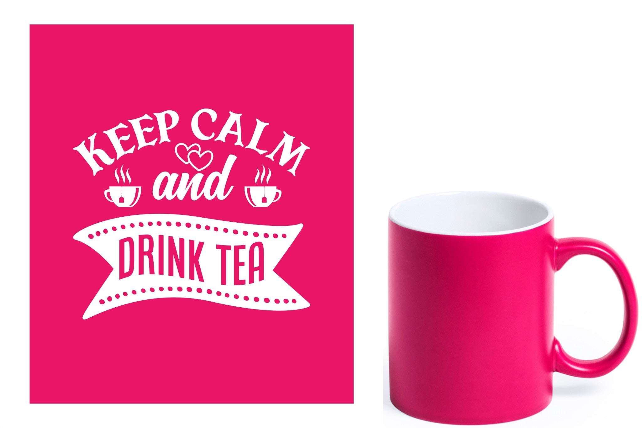 fuchsia keramische mok met witte gravure  'Keep calm and drink tea'.
