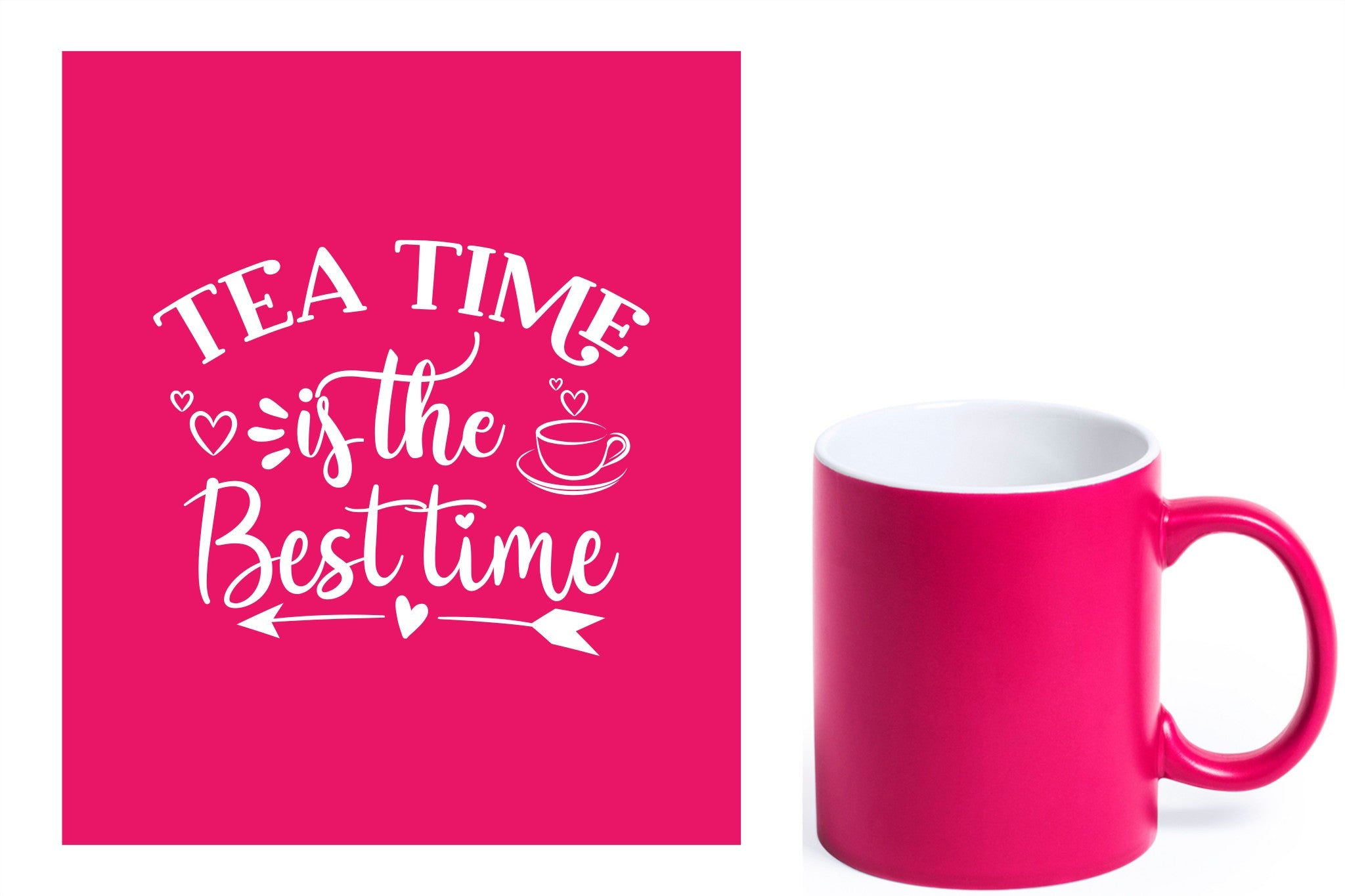 fuchsia keramische mok met witte gravure  'Tea time is the best time'.