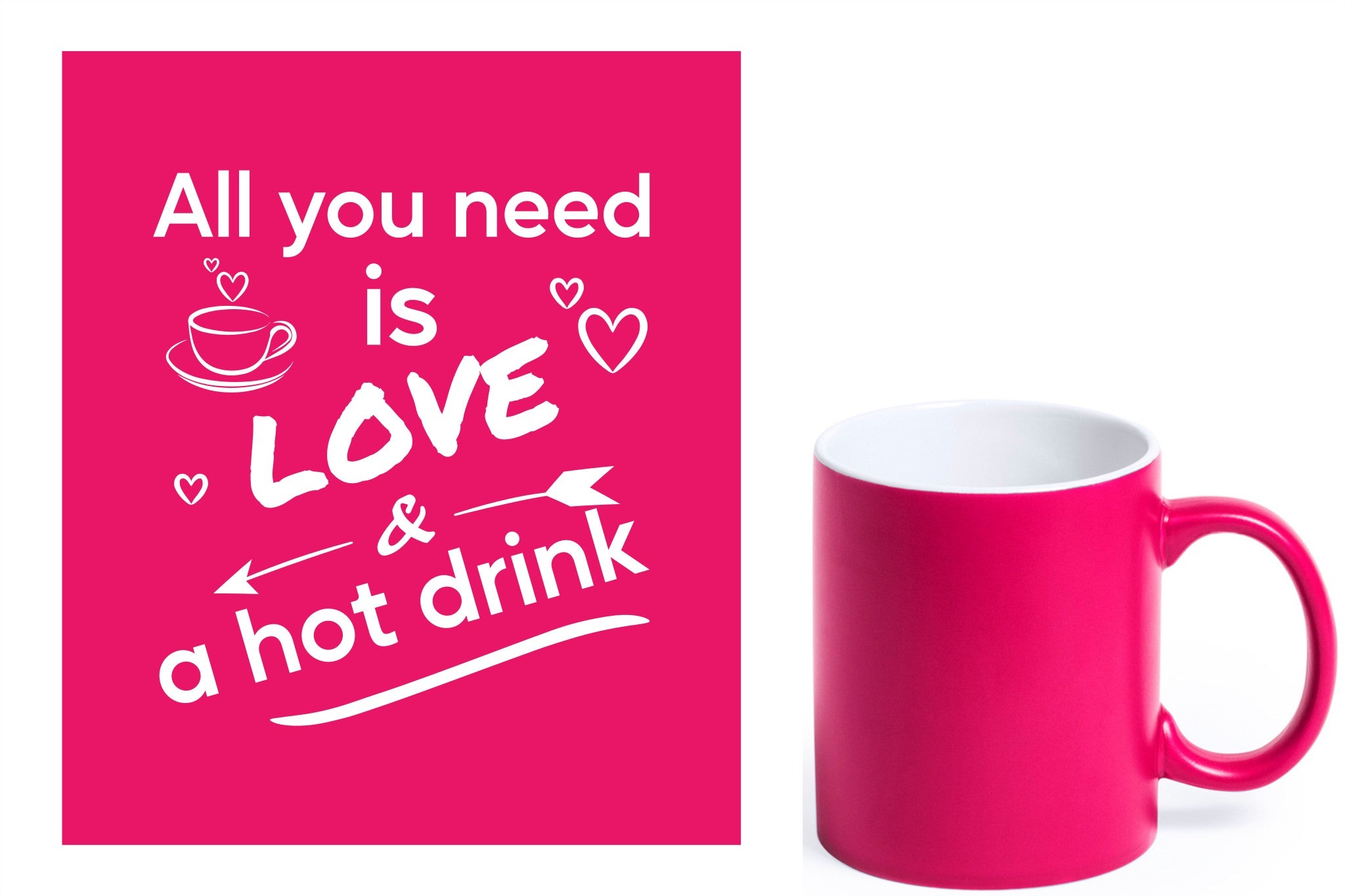 fuchsia keramische mok met witte gravure  'All you need is love & a hot drink'.