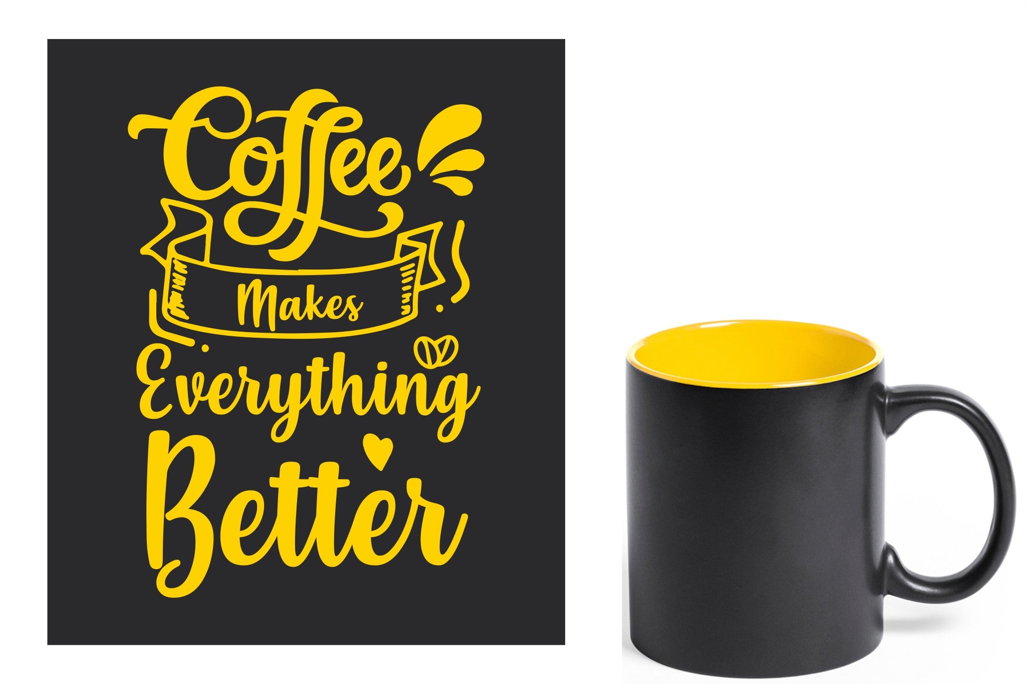 zwarte keramische mok met gele gravure  'Coffee makes everything better'.