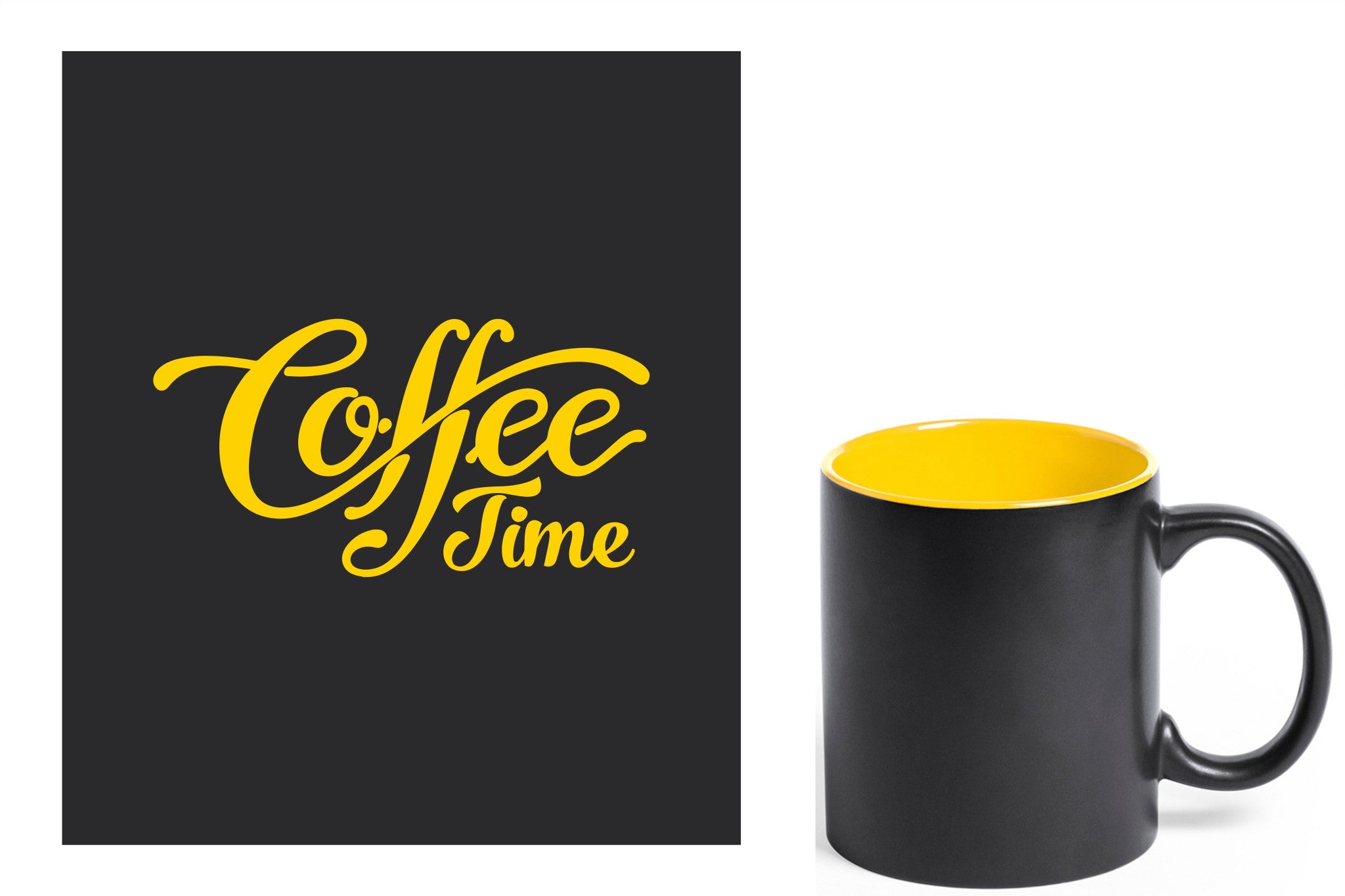 zwarte keramische mok met gele gravure  'Coffee time'.