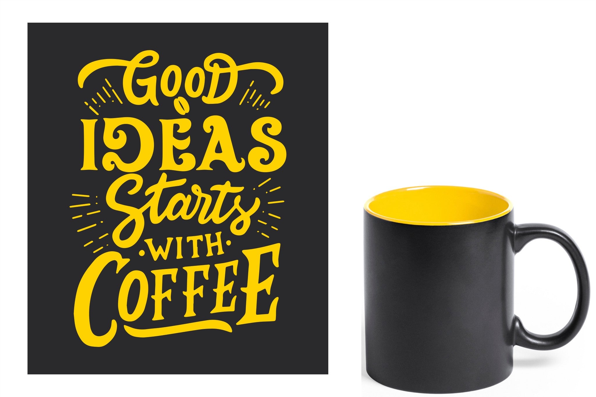 zwarte keramische mok met gele gravure  'Good ideas starts with coffee'.