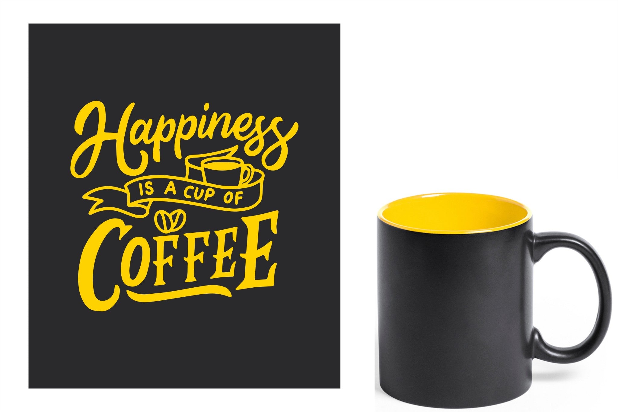 zwarte keramische mok met gele gravure  'Happiness is a cup of coffee'.