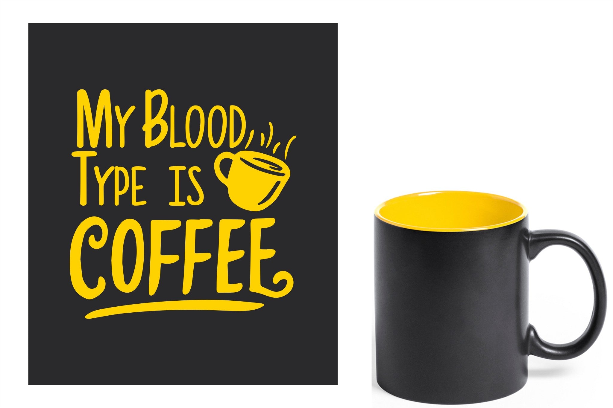 zwarte keramische mok met gele gravure  'My blood type is coffee'.