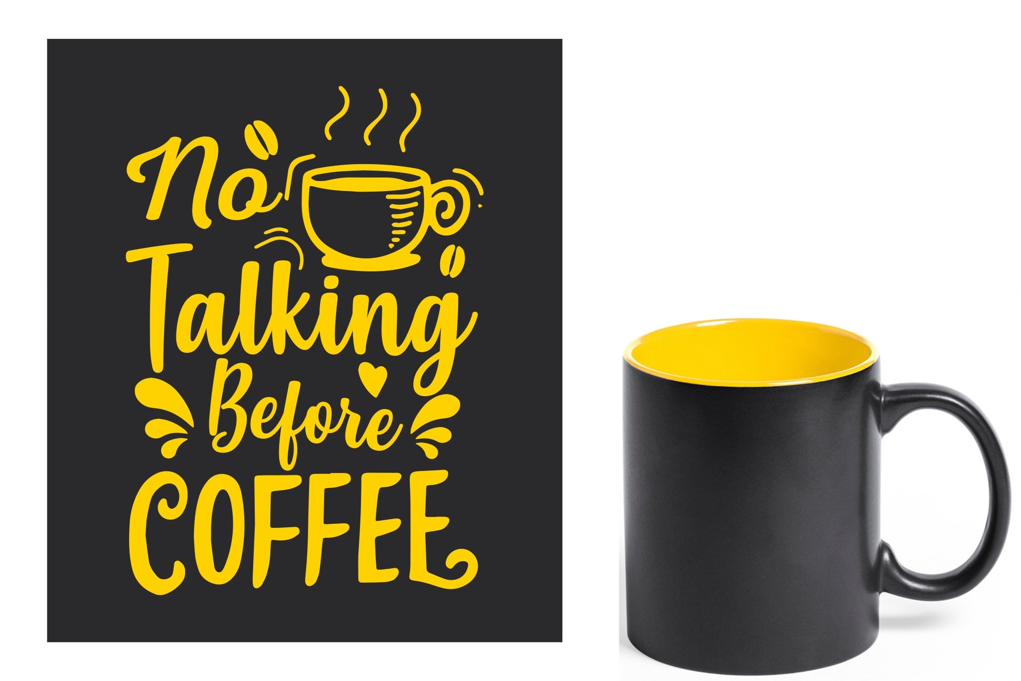 zwarte keramische mok met gele gravure  'No talking before coffee'.