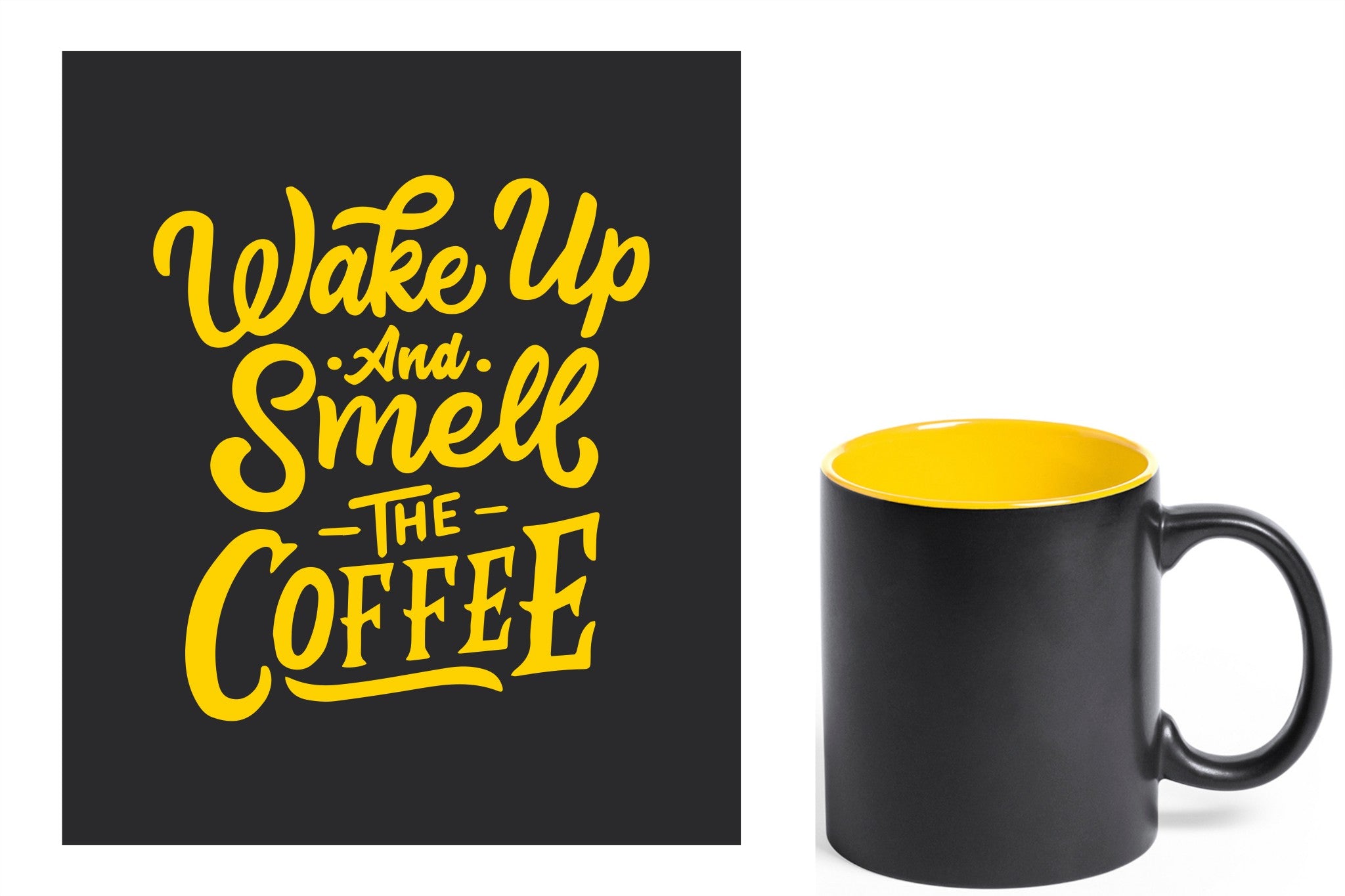 zwarte keramische mok met gele gravure  'Wake up and smell the coffee'.