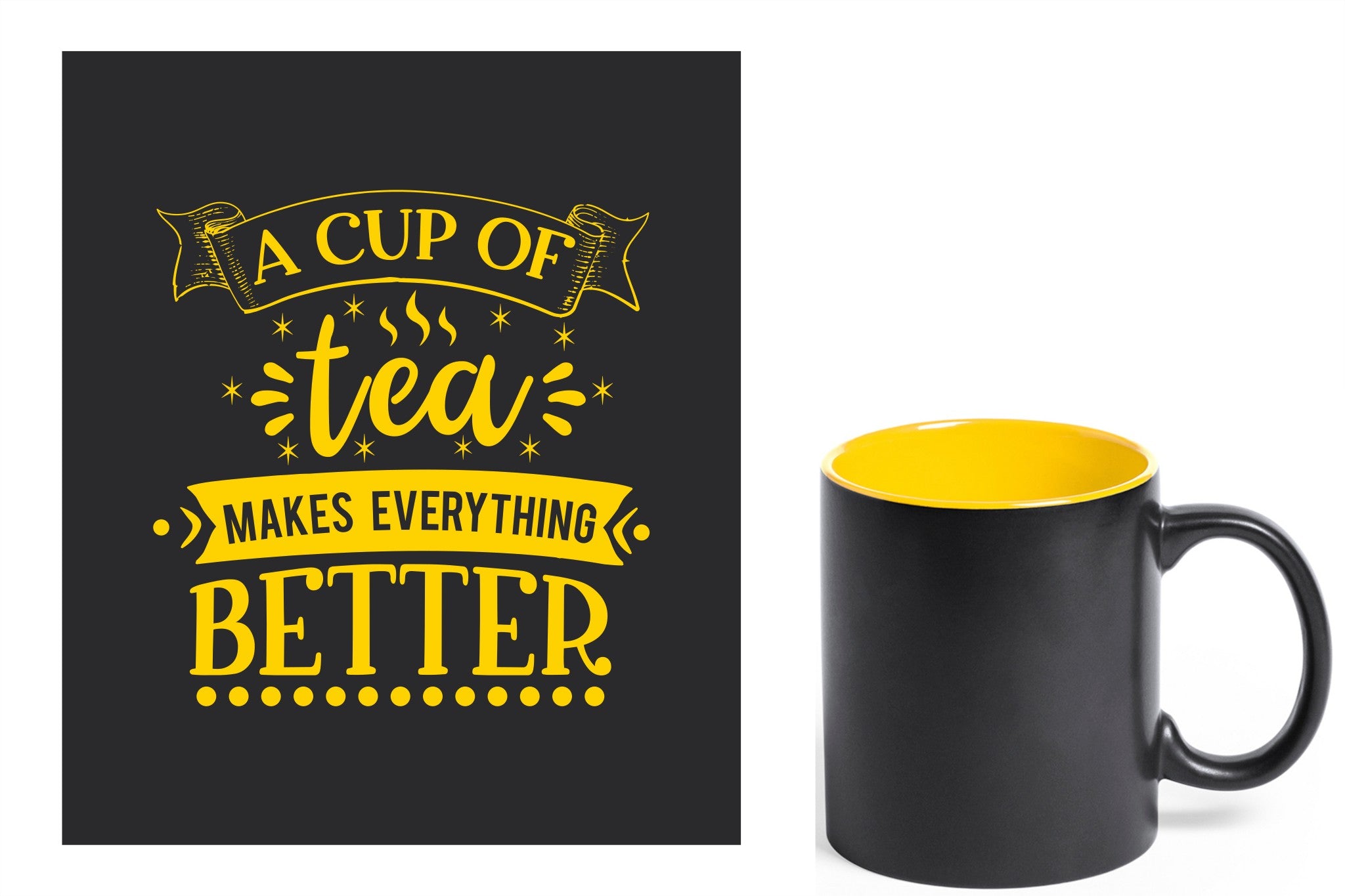 zwarte keramische mok met gele gravure  'A cup of tea makes everything better'.
