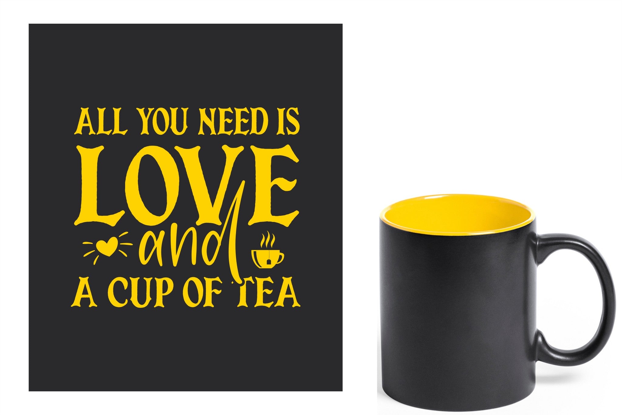 zwarte keramische mok met gele gravure  'All you need is love and a cup of tea'.