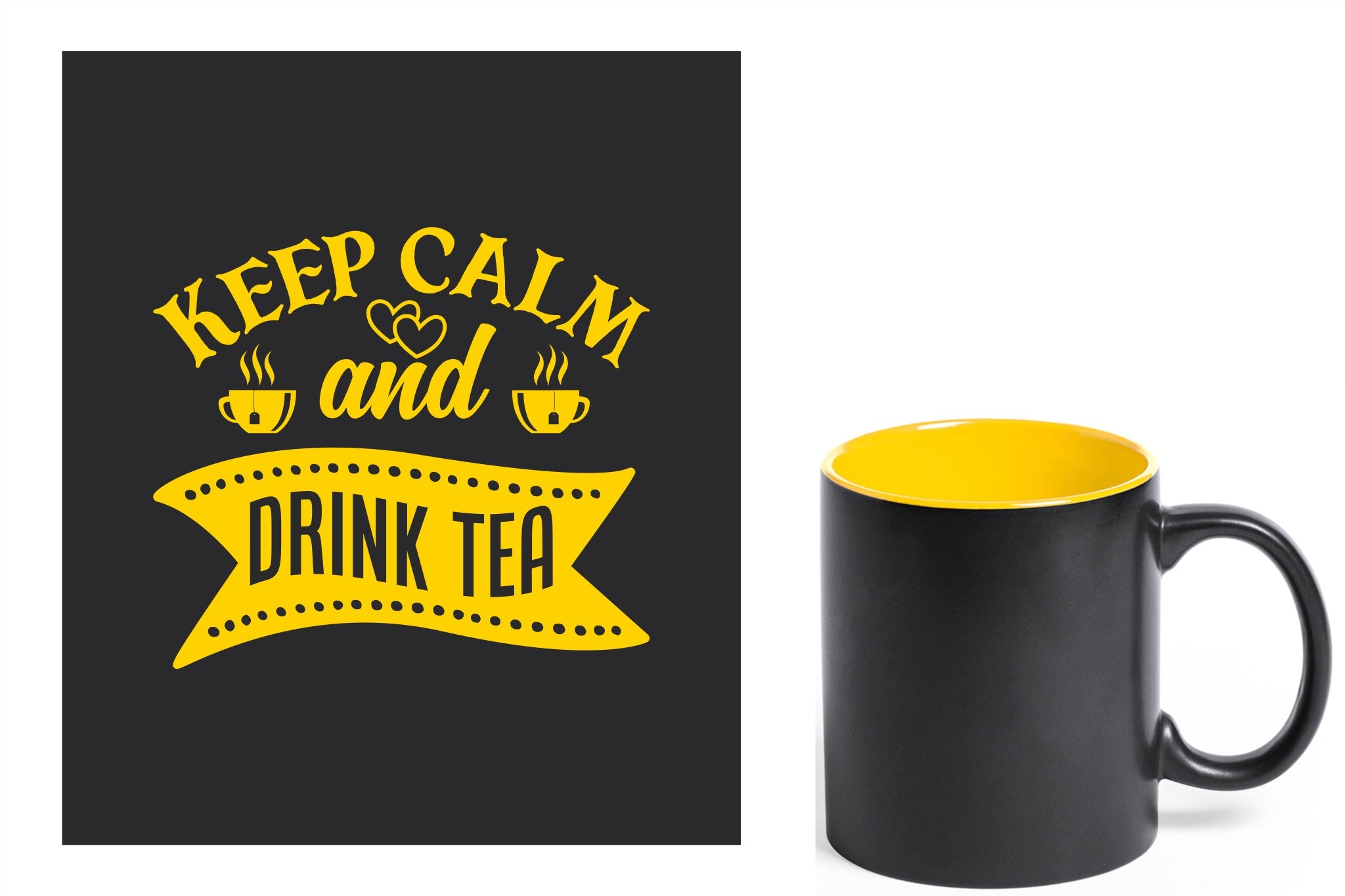 zwarte keramische mok met gele gravure  'Keep calm and drink tea'.