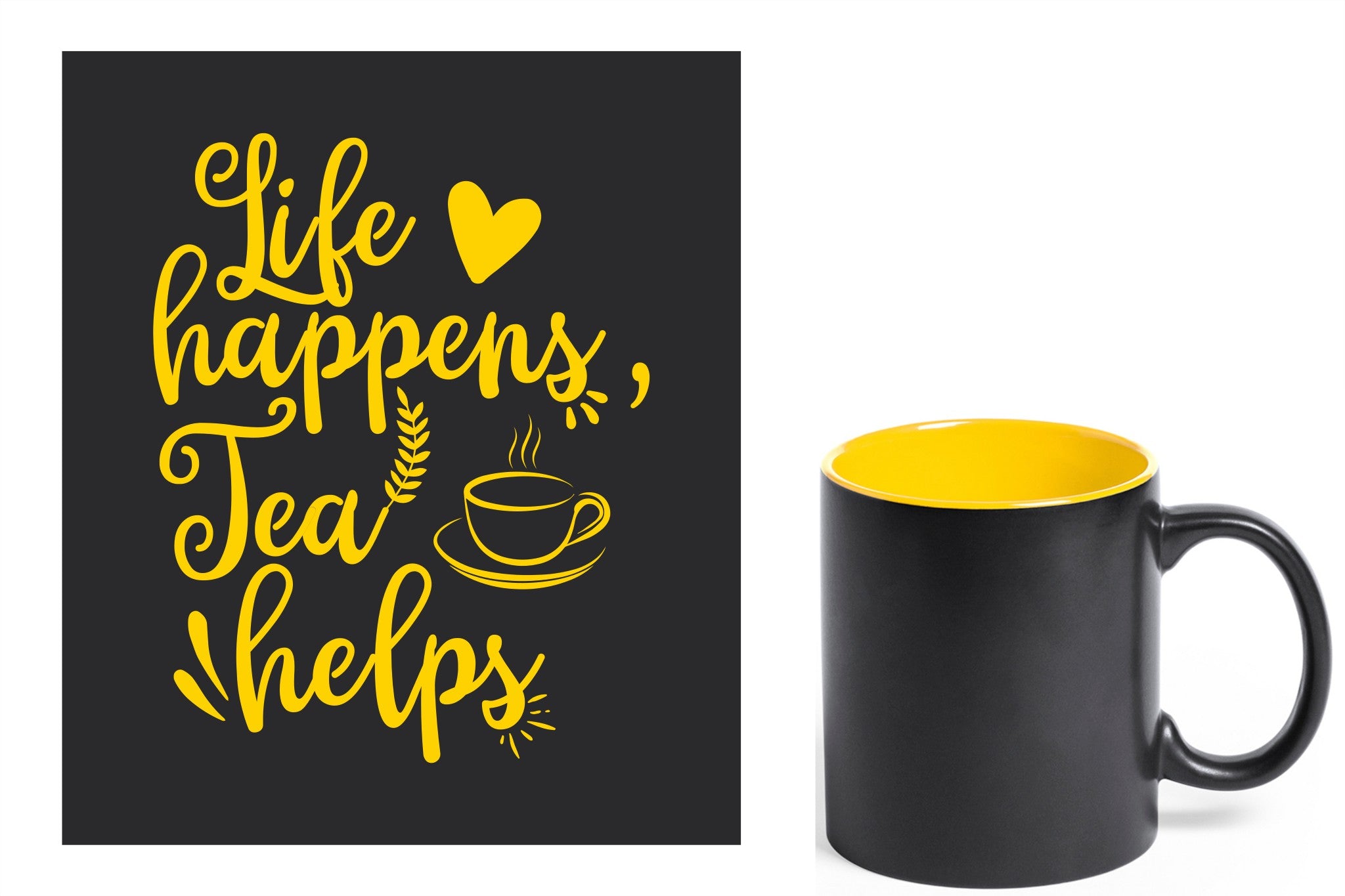 zwarte keramische mok met gele gravure  'Life happens tea helps'.