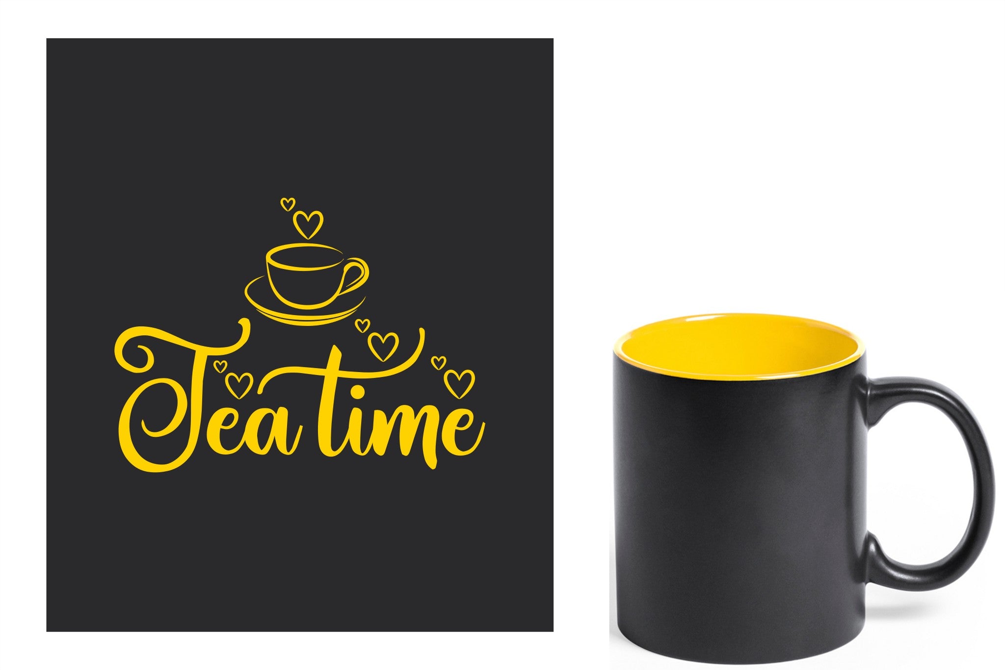 zwarte keramische mok met gele gravure  'tea time'.