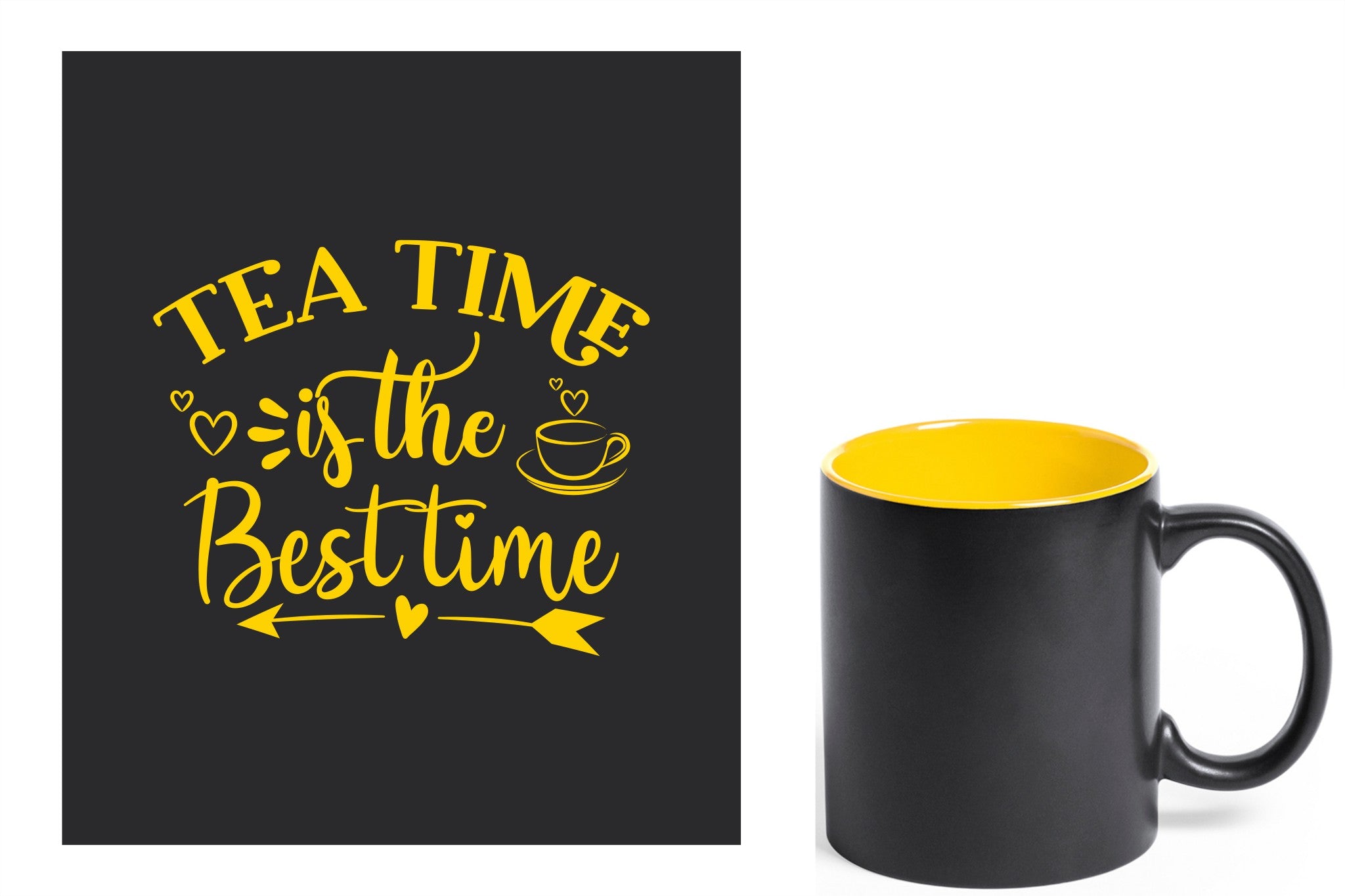 zwarte keramische mok met gele gravure  'Tea time is the best time'.