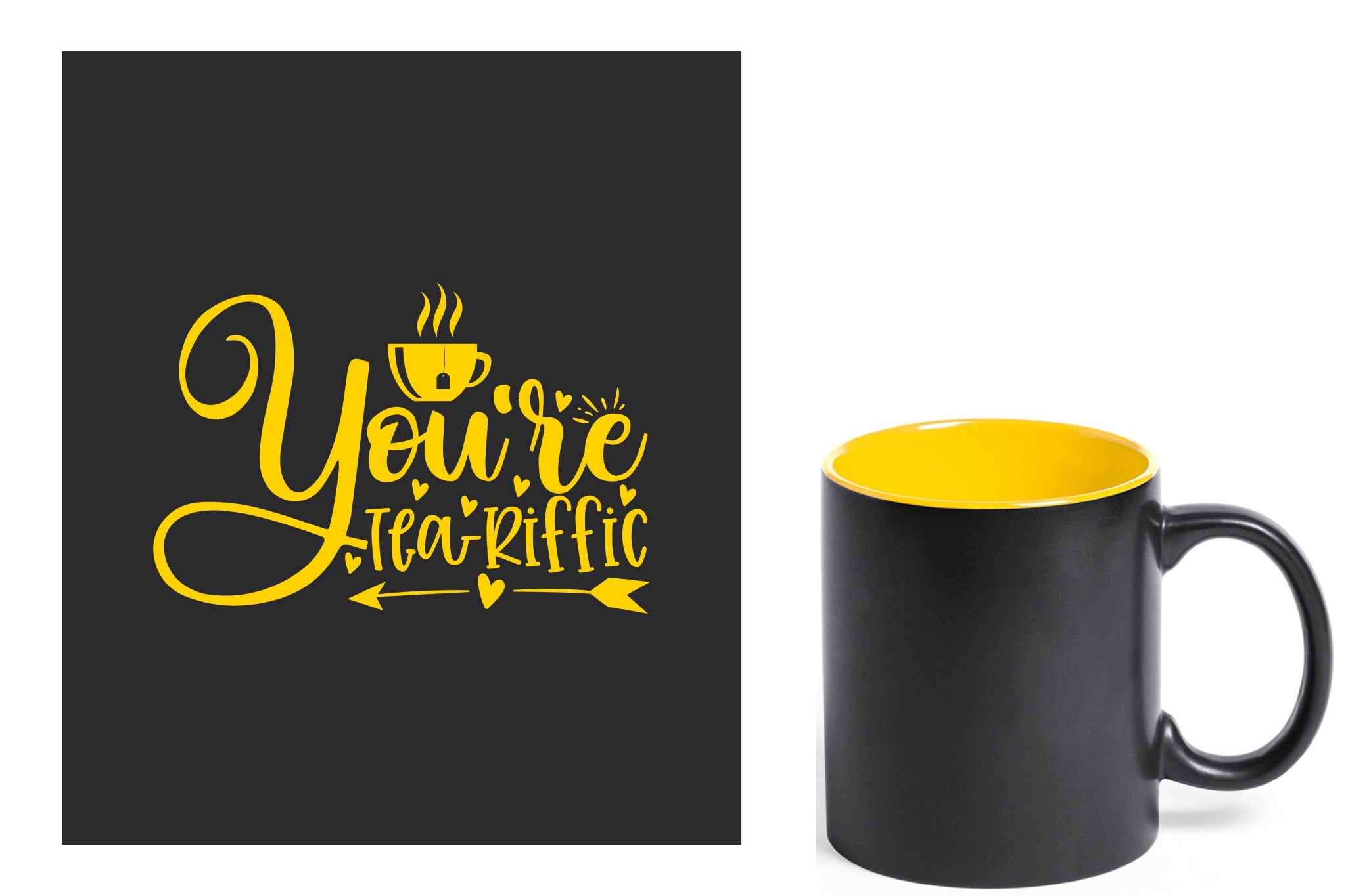 zwarte keramische mok met gele gravure  'You're teariffic'.