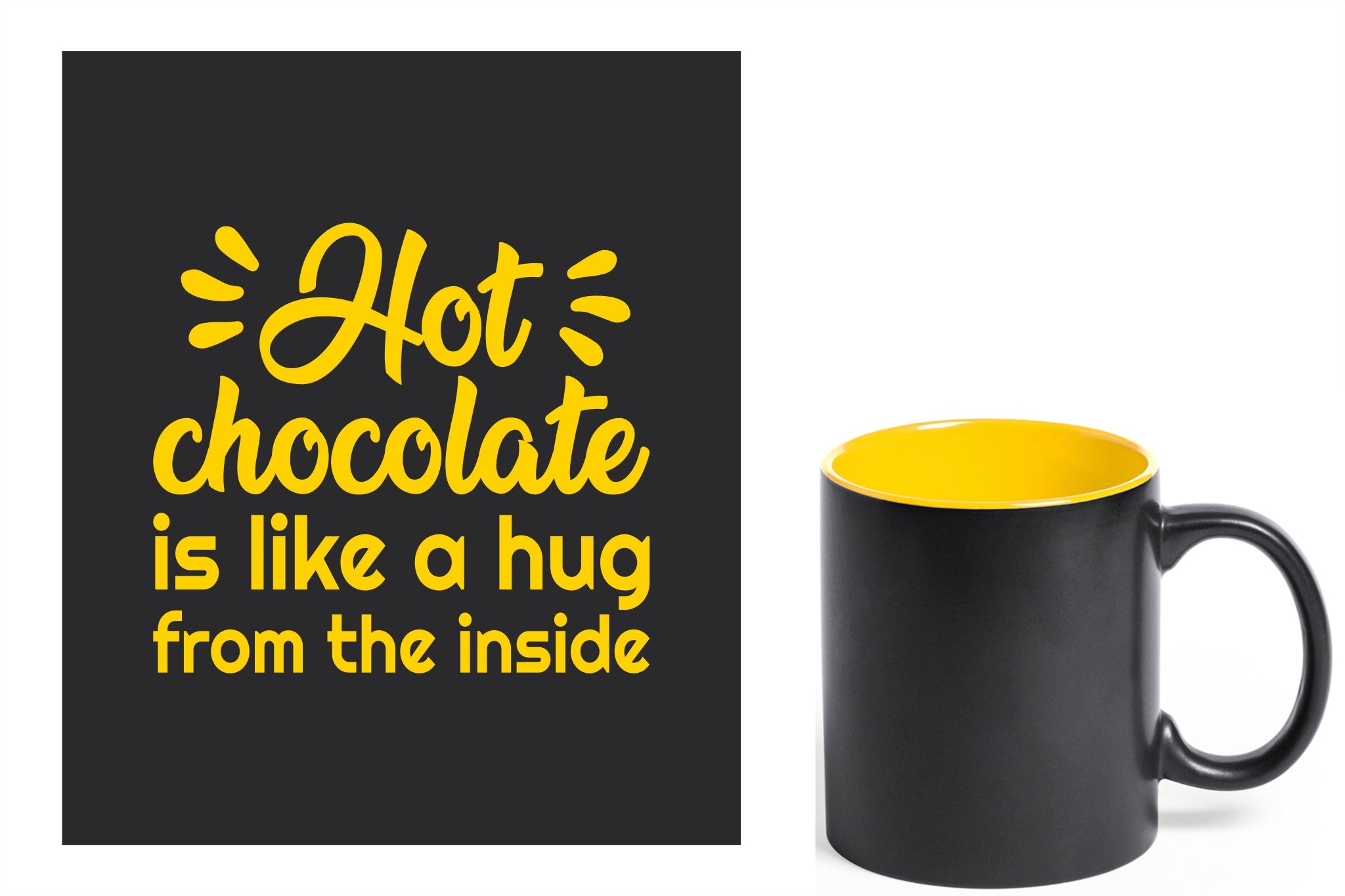 zwarte keramische mok met gele gravure  'Hot chocolate is like a hug from the inside'.