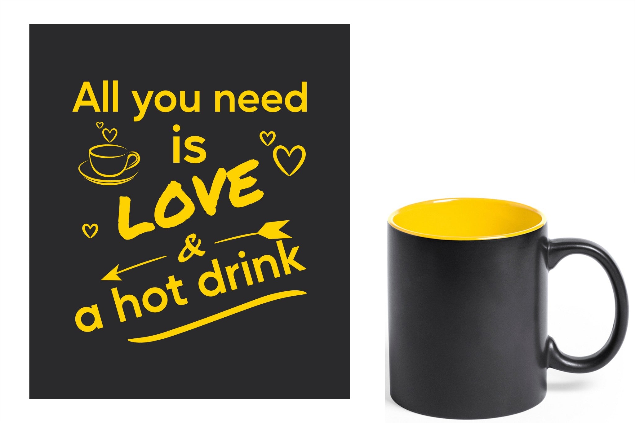 zwarte keramische mok met gele gravure  'All you need is love & a hot drink'.