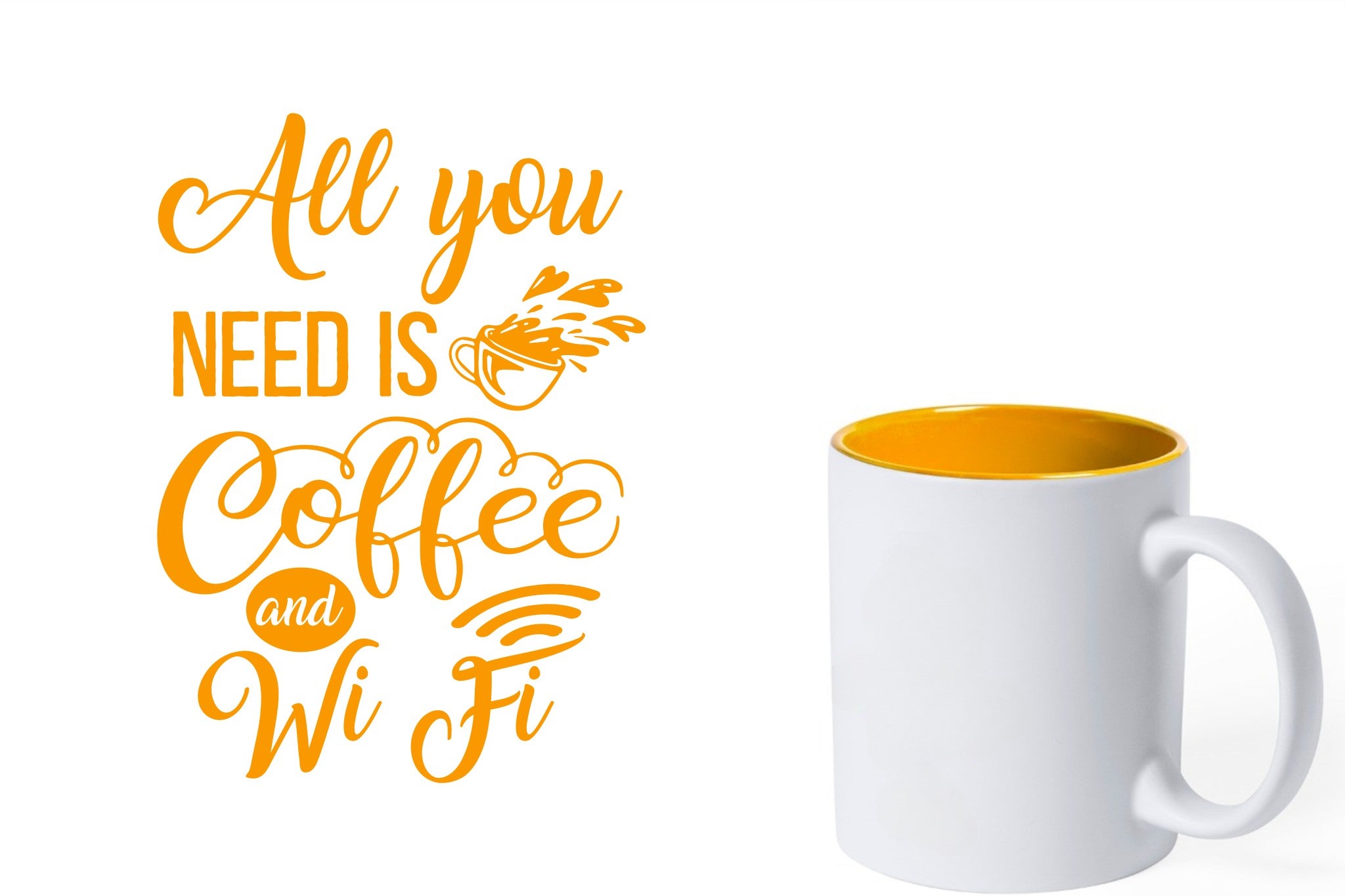 witte keramische mok met gele gravure  'All you need is coffee and wifi'.