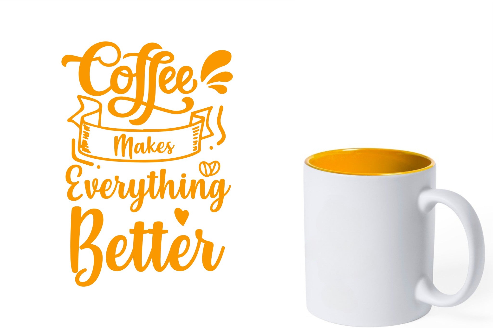witte keramische mok met gele gravure  'Coffee makes everything better'.