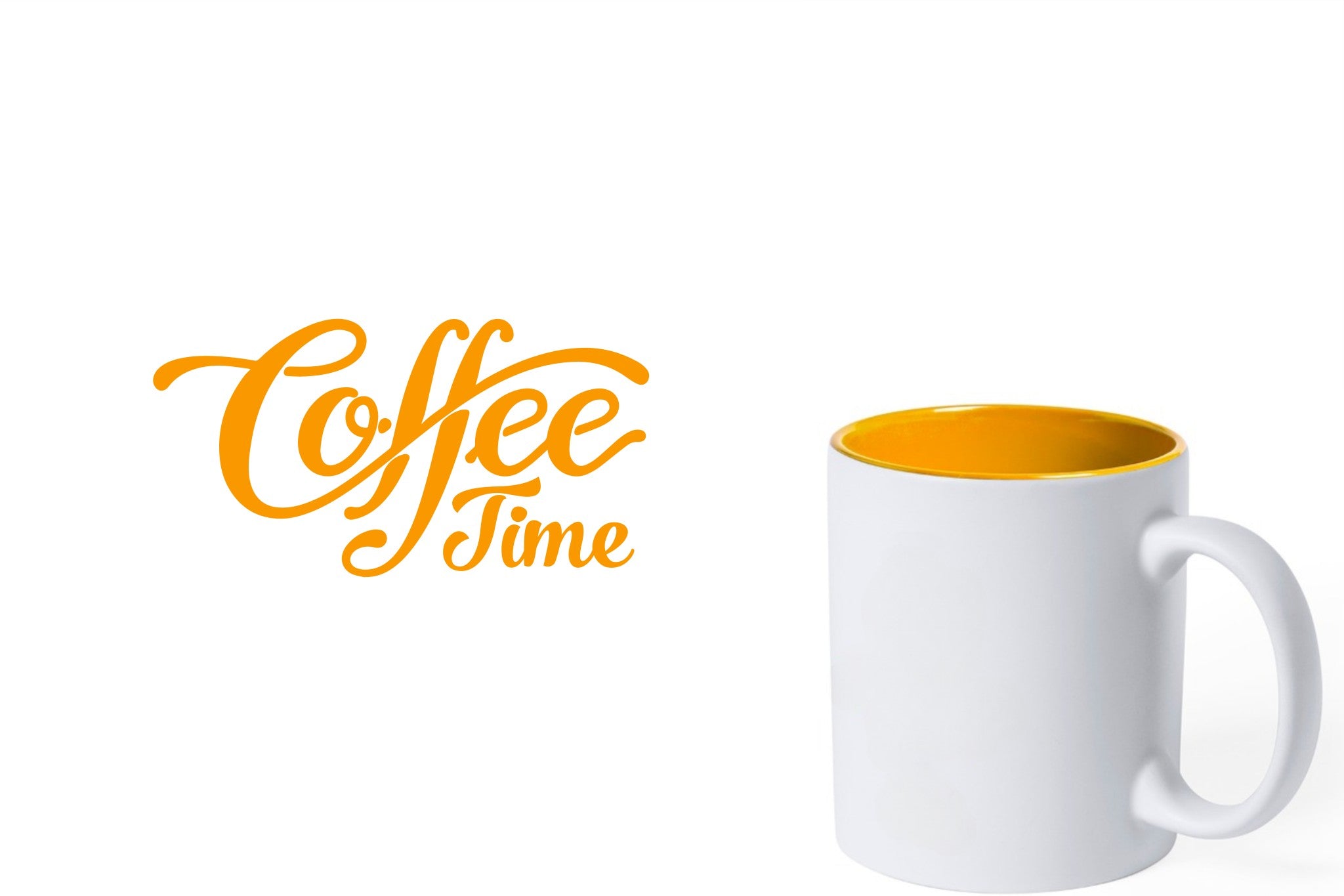 witte keramische mok met gele gravure  'Coffee time'.