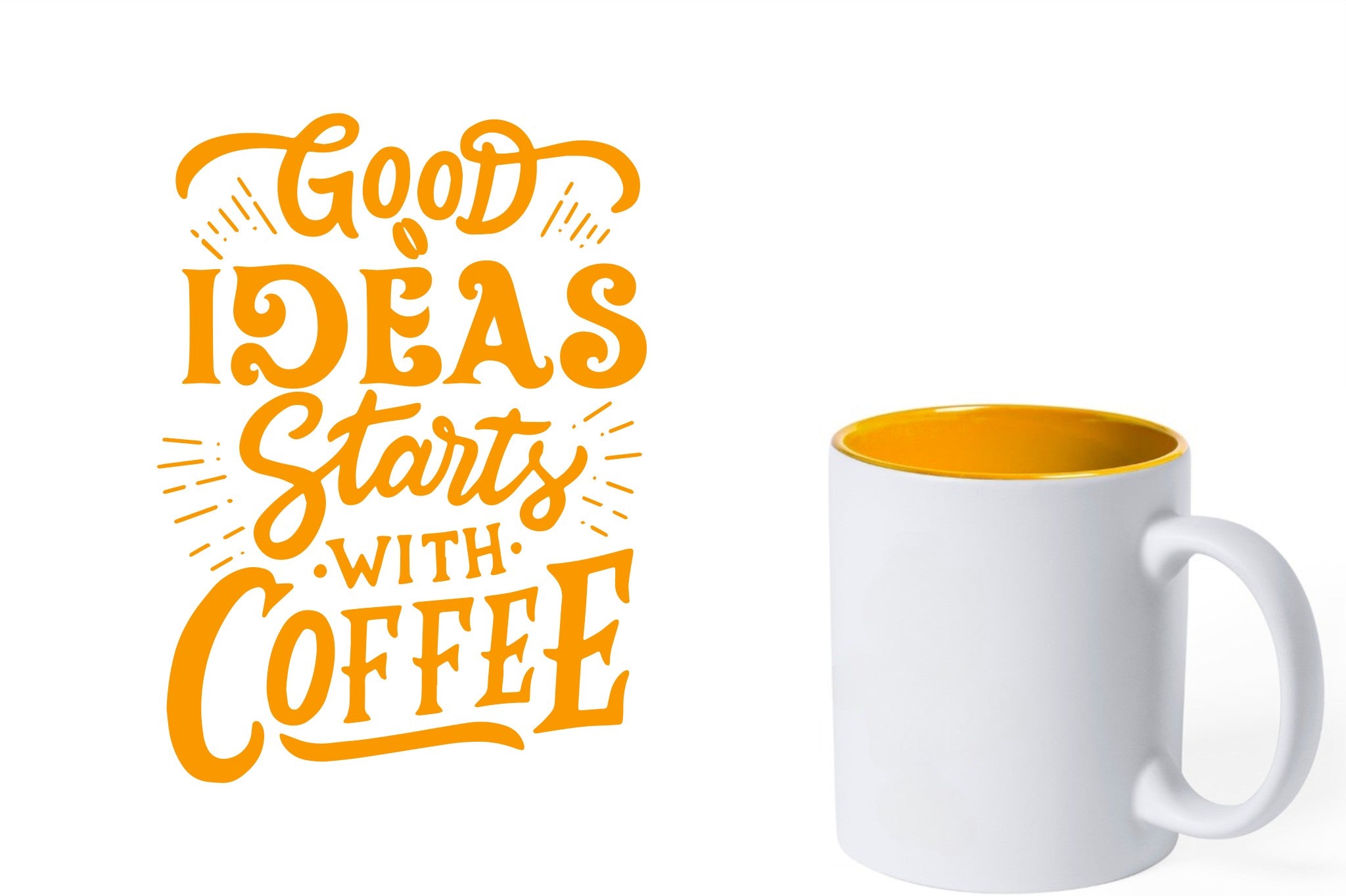 witte keramische mok met gele gravure  'Good ideas starts with coffee'.