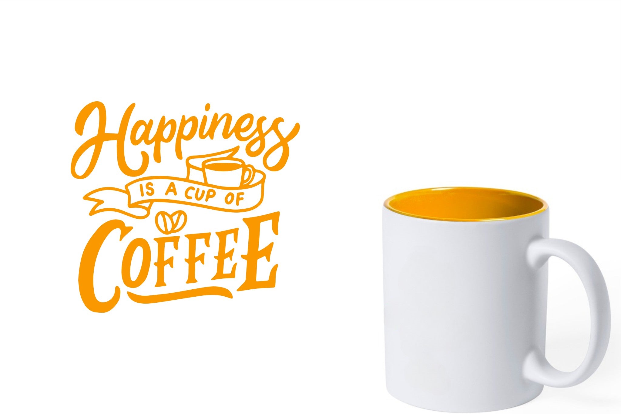 witte keramische mok met gele gravure  'Happiness is a cup of coffee'.