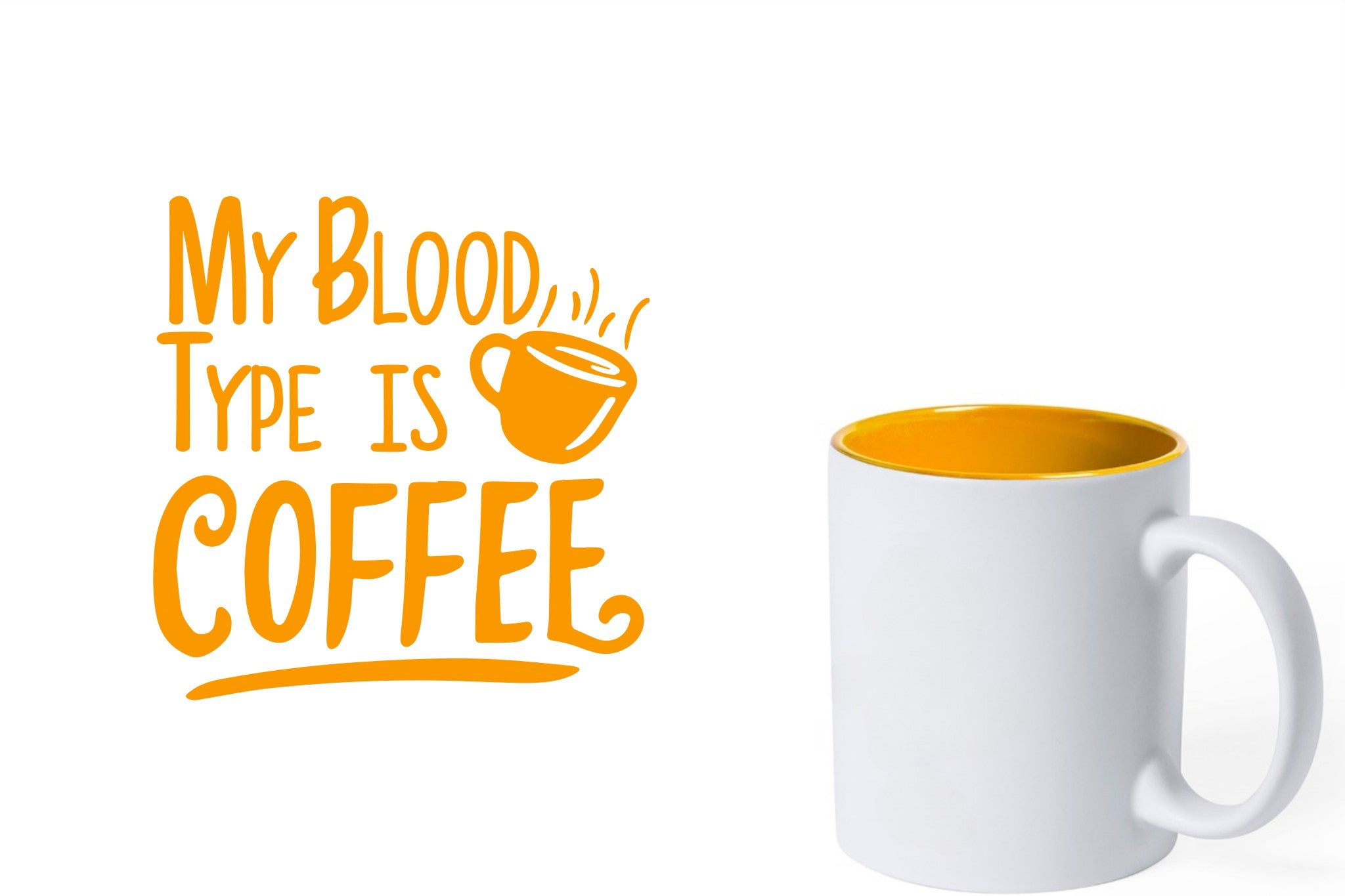 witte keramische mok met gele gravure  'My blood type is coffee'.