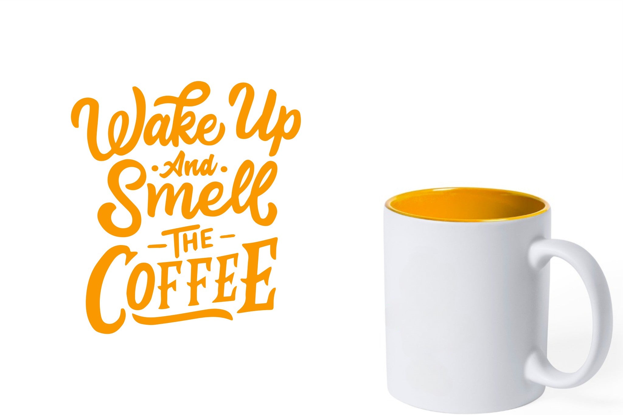 witte keramische mok met gele gravure  'Wake up and smell the coffee'.