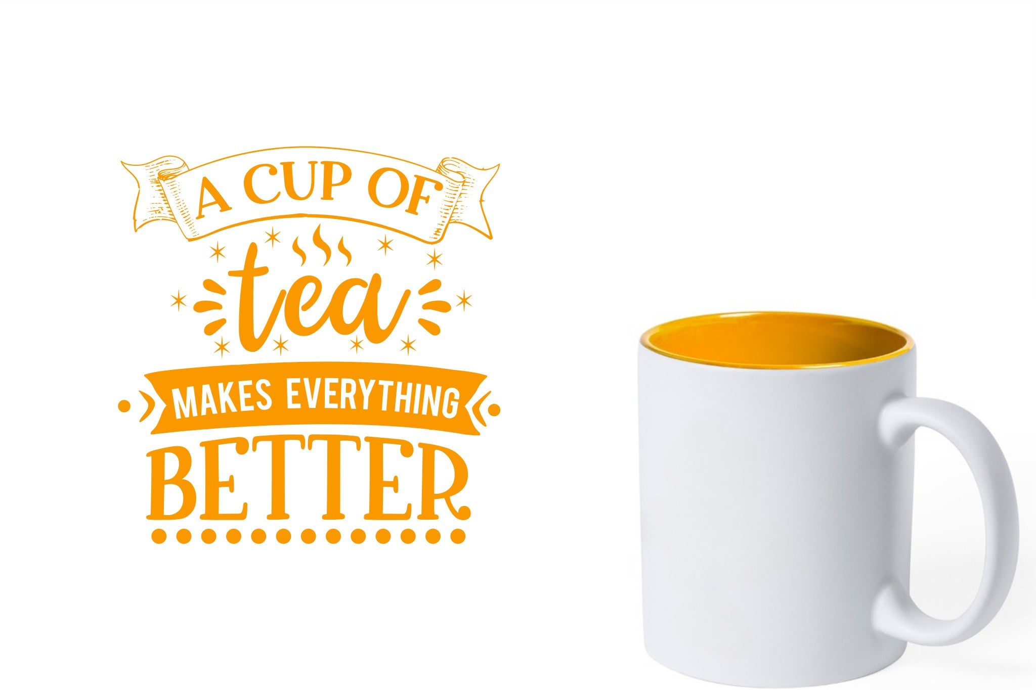 witte keramische mok met gele gravure  'A cup of tea makes everything better'.