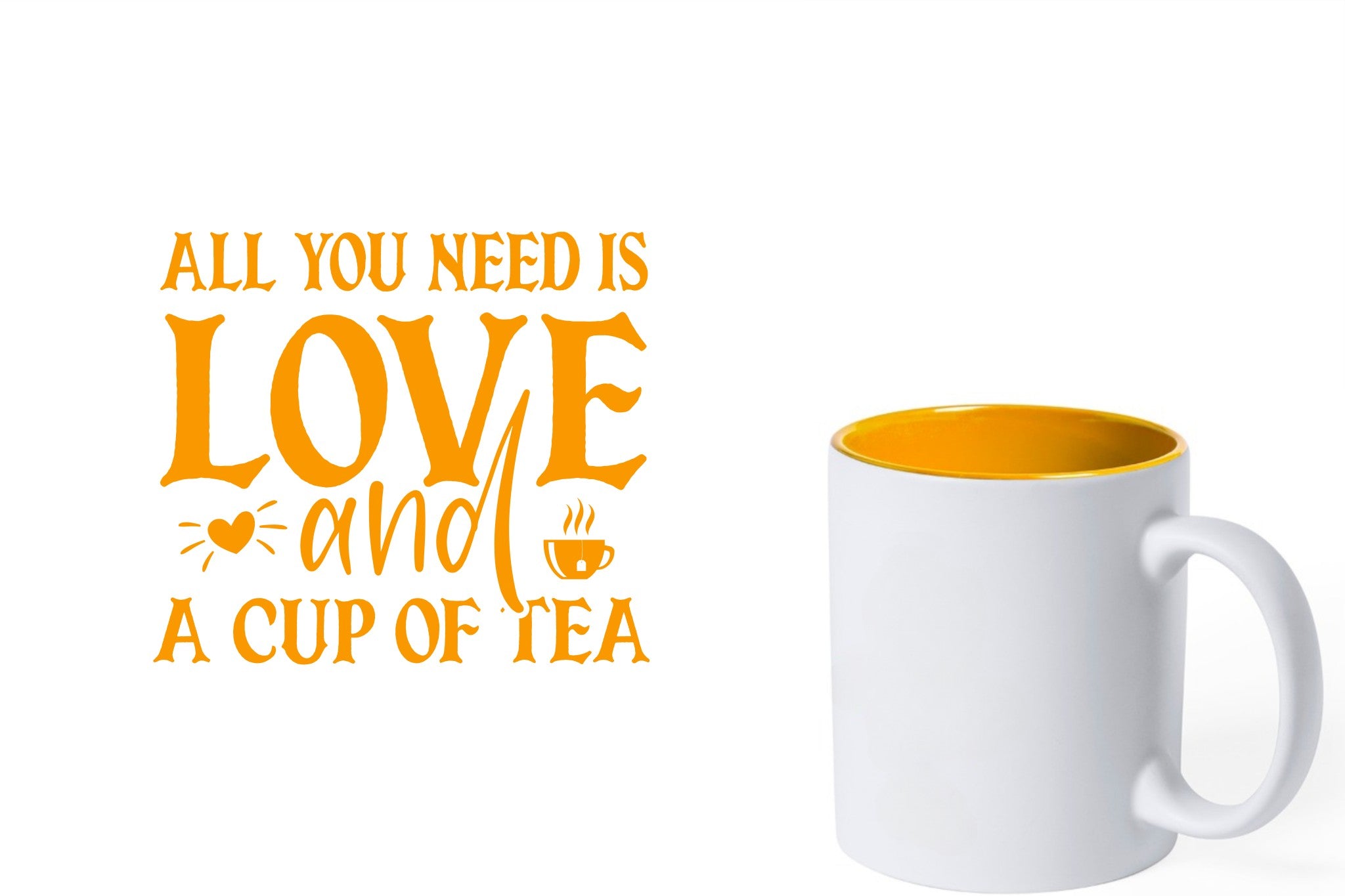 witte keramische mok met gele gravure  'All you need is love and a cup of tea'.
