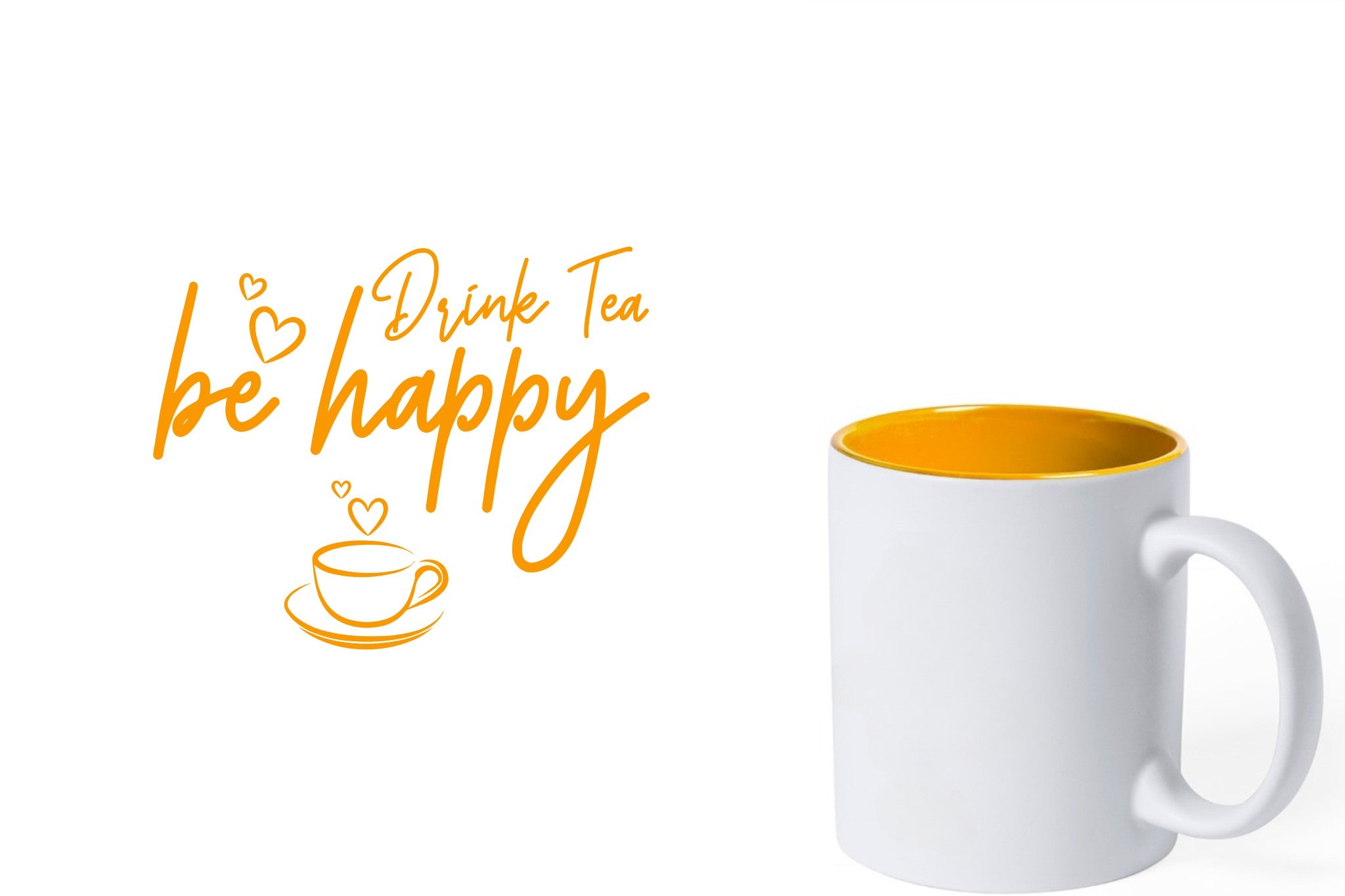 witte keramische mok met gele gravure  'Be happy drink tea'.
