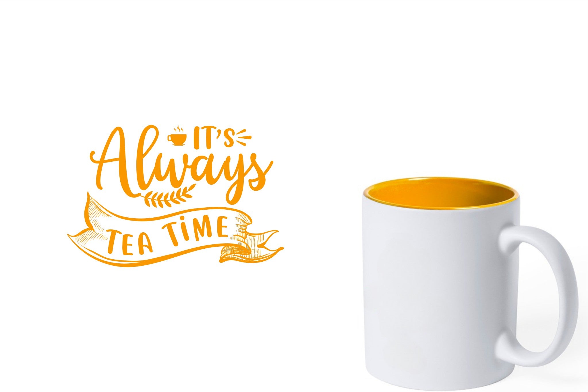 witte keramische mok met gele gravure  'It's always tea time'.