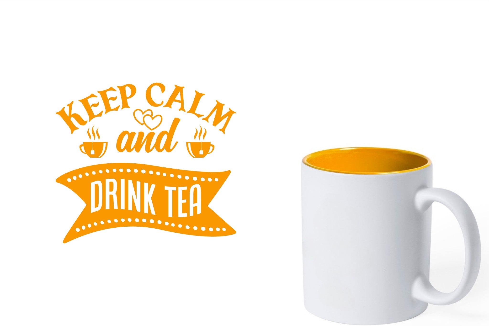 witte keramische mok met gele gravure  'Keep calm and drink tea'.