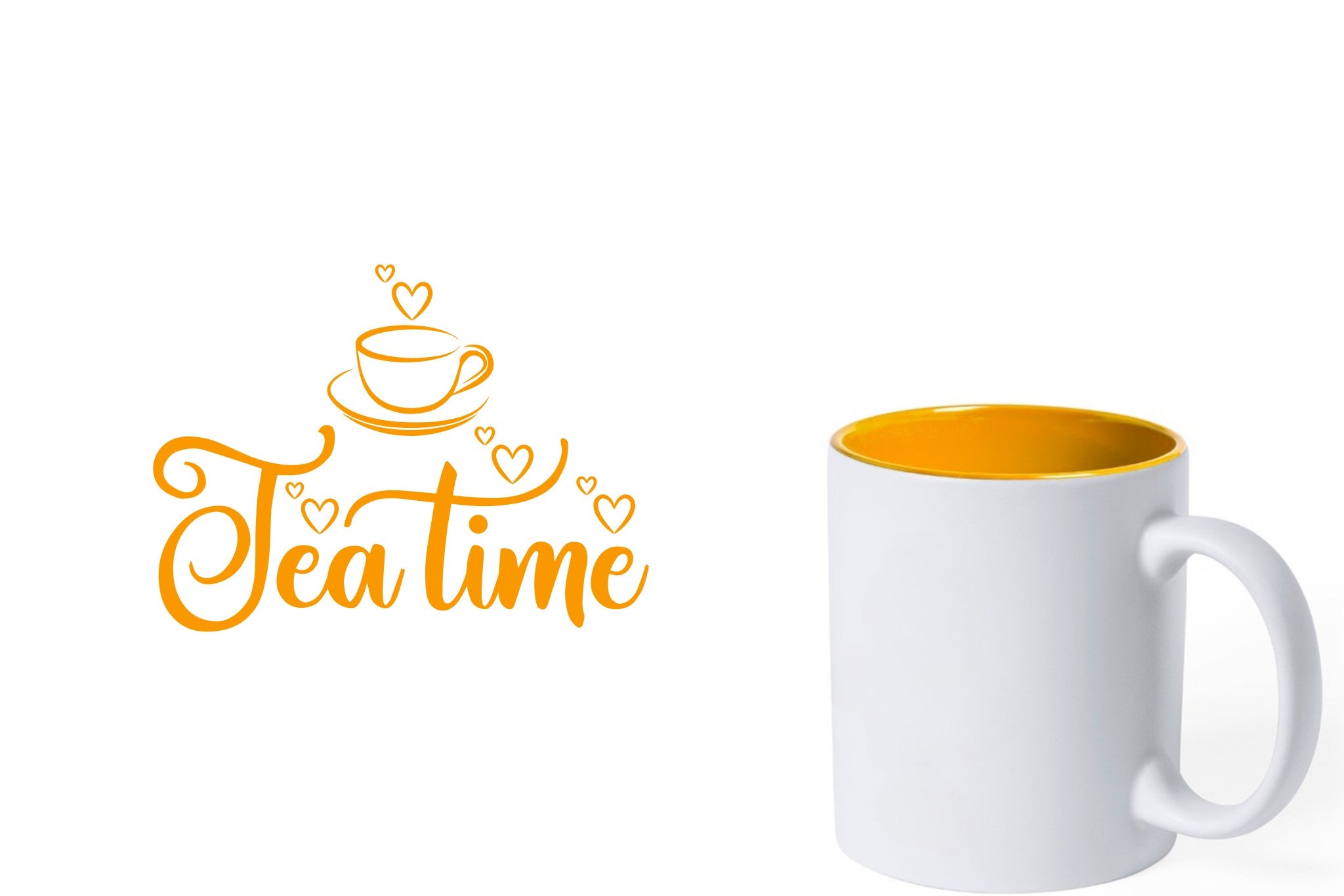 witte keramische mok met gele gravure  'tea time'.