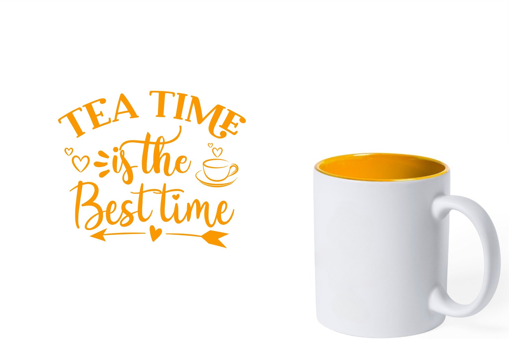 witte keramische mok met gele gravure  'Tea time is the best time'.