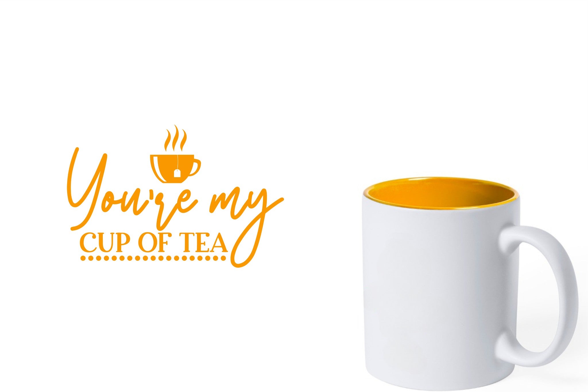 witte keramische mok met gele gravure  'You're my cup of tea'.