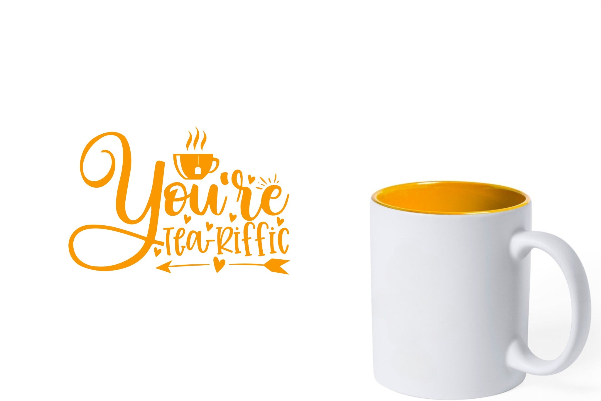 witte keramische mok met gele gravure  'You're teariffic'.