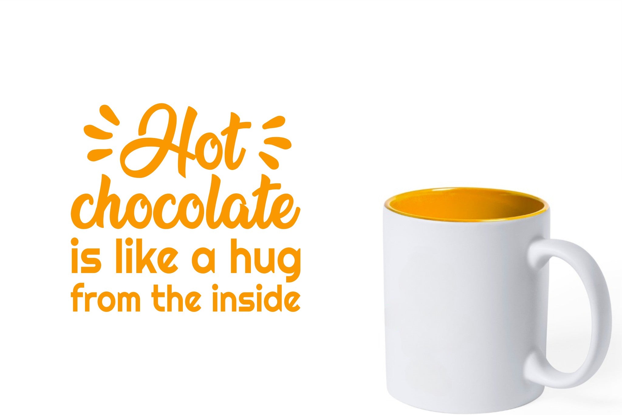 witte keramische mok met gele gravure  'Hot chocolate is like a hug from the inside'.