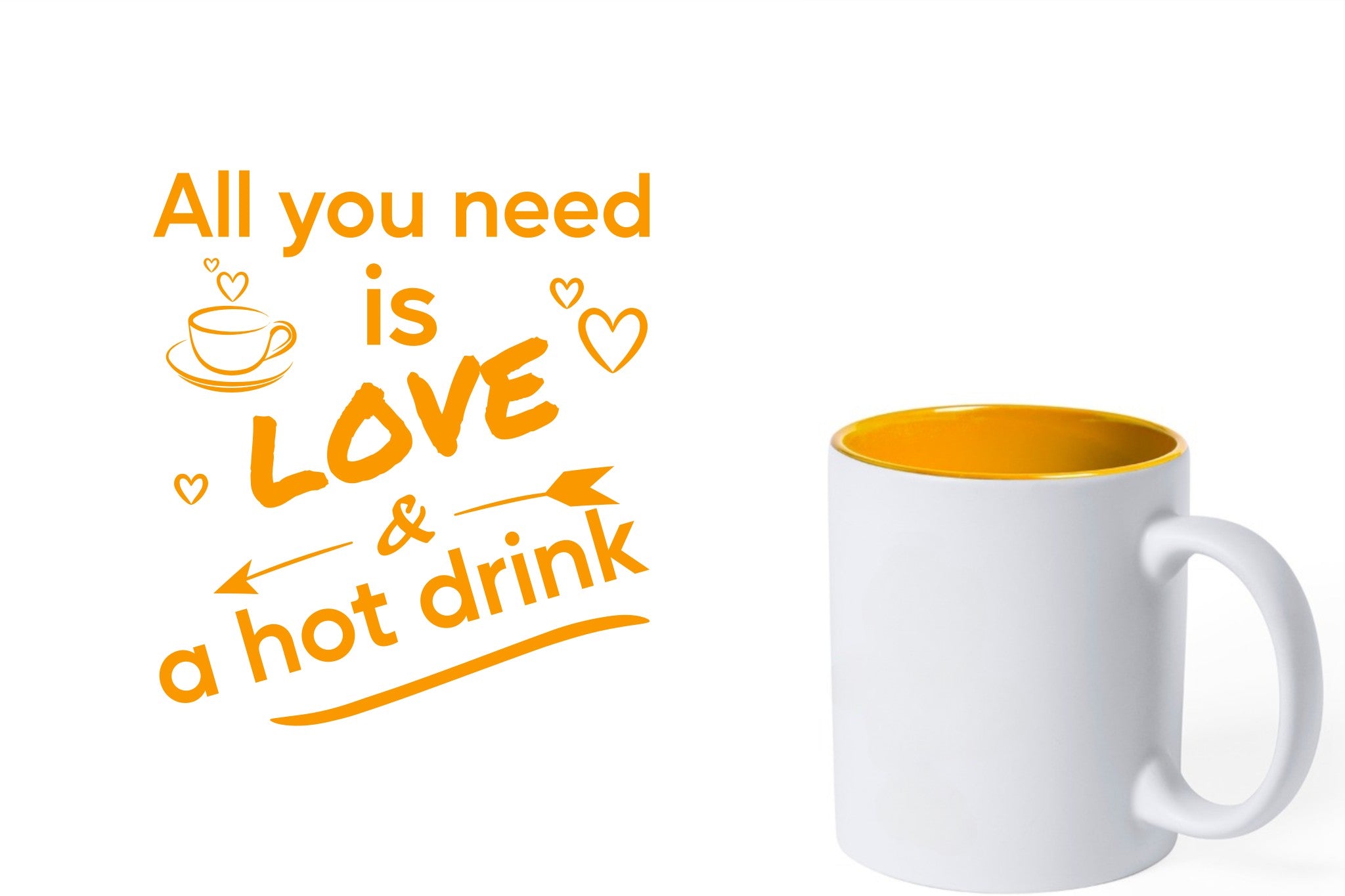 witte keramische mok met gele gravure  'All you need is love & a hot drink'.